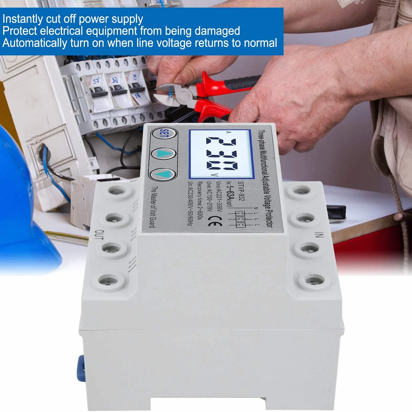 Zabezpieczenie przeciwprzepięciowe regulowane zabezpieczenie napięcia STVP-932 230 V/ 400 V AC 3-fazowe wielofunkcyjny wyświetlacz LCD z pełnymi funkcjami (63 A)