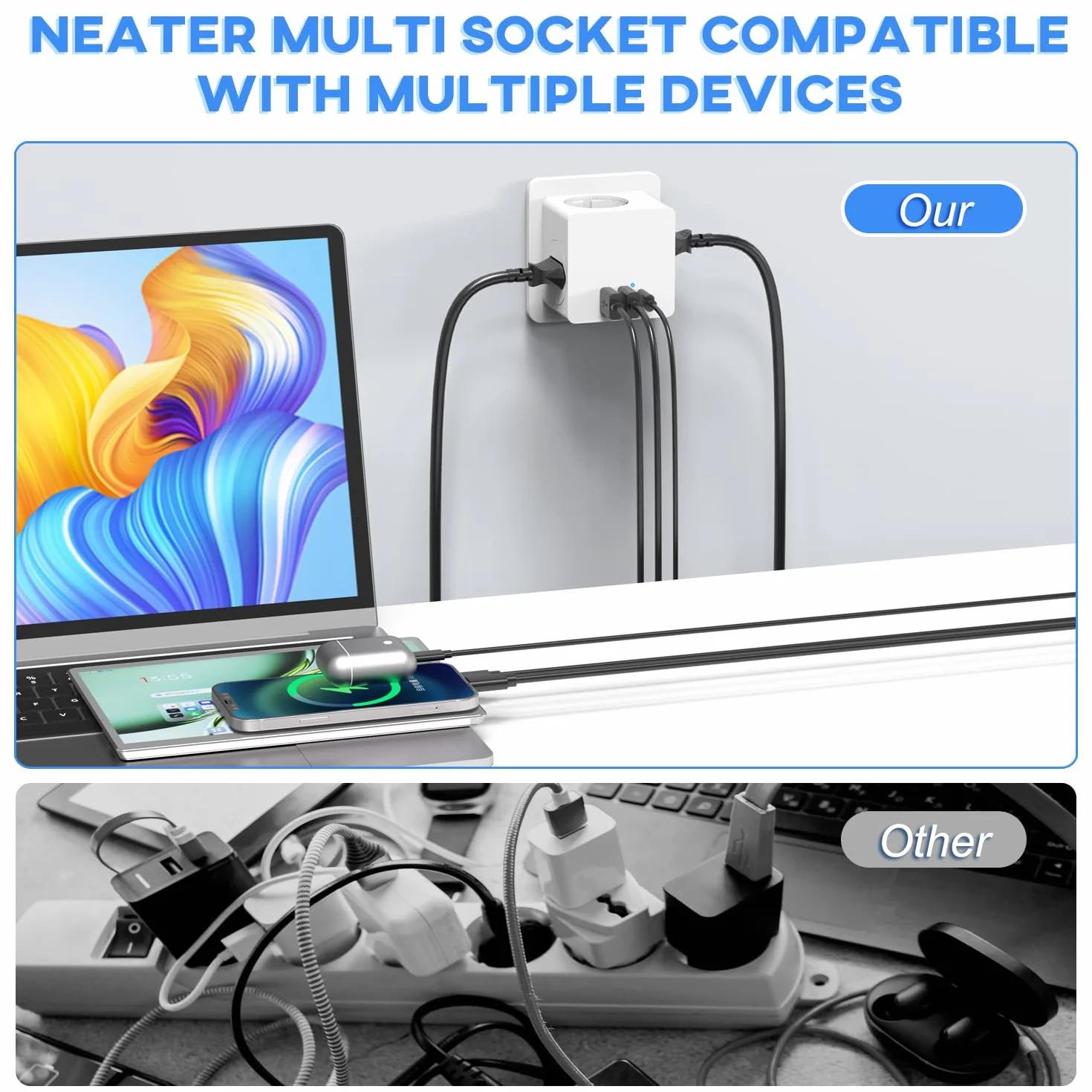 Kostka do gniazdka, podwójna wtyczka do gniazdka, adapter z 2 USB A i 1 USB C 6 w 1, gniazdo wielokrotne USB 3680 W, kolor biały