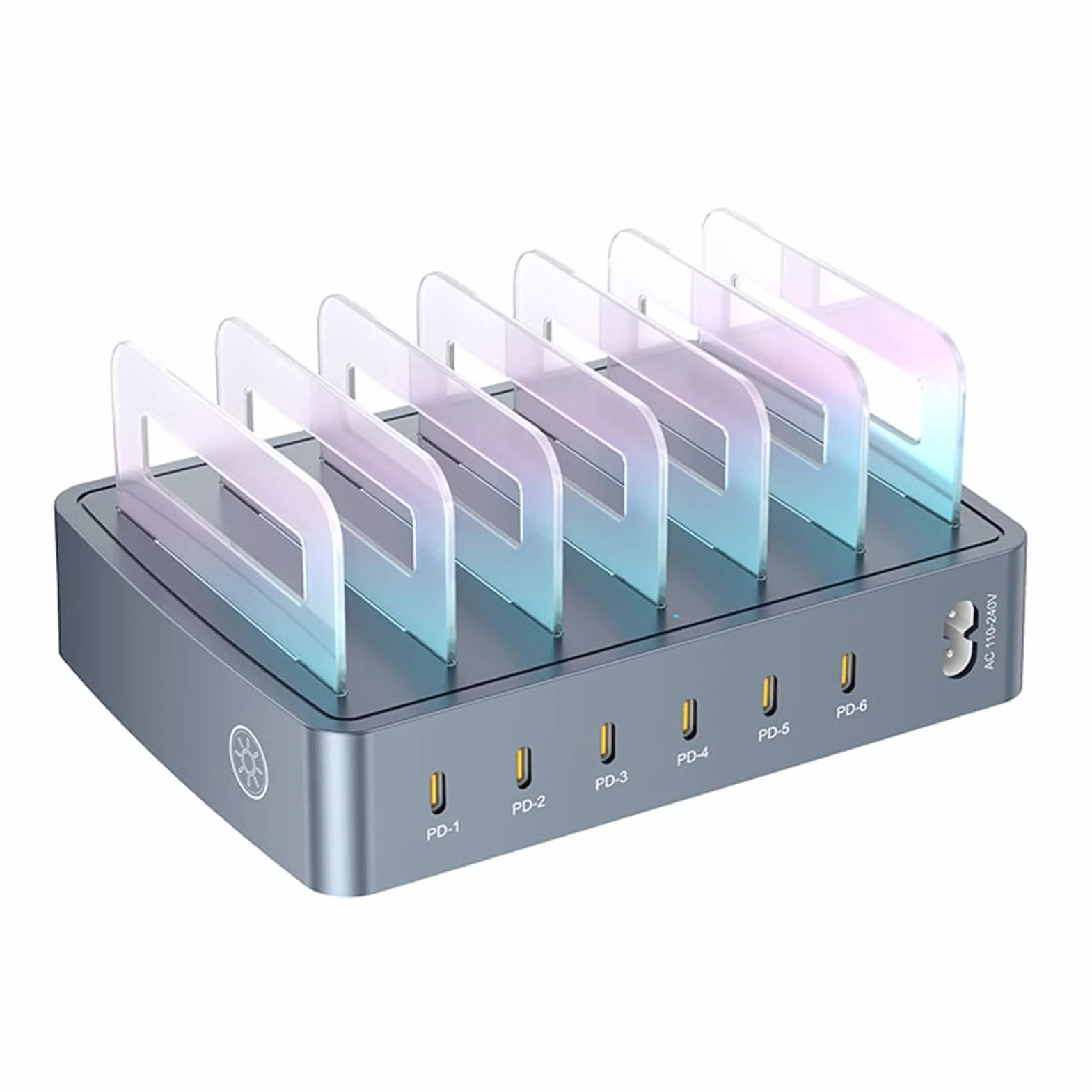 Wakects 6-portowa Stacja ładująca Przenośne ładowarki Biurkowe z mocą wyjściową PD 120 W 6 PortóW USB C, Każdy o Mocy 20 W Światło Oddechowe RGB Odłączane Gniazda na Biurko W Podróży Biurowej