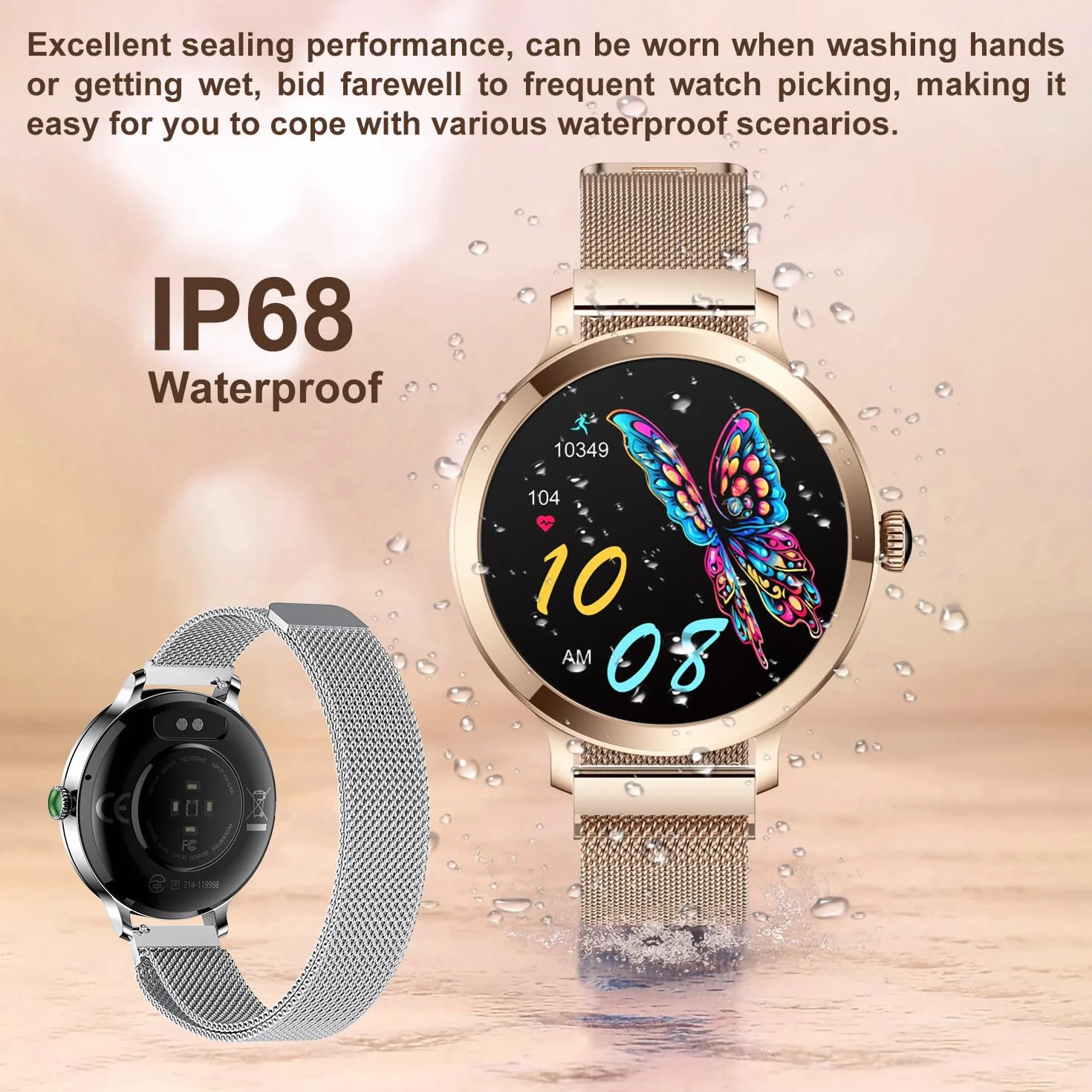 LONGLU Smart Watch dla kobiet z połączeniem Bluetooth, smartwatch kompatybilny dla telefonów iOS i Android z odbieraniem/wykonywaniem połączeń Wodoodporne tętno Ciśnienie krwi Tlen sen (złoto)