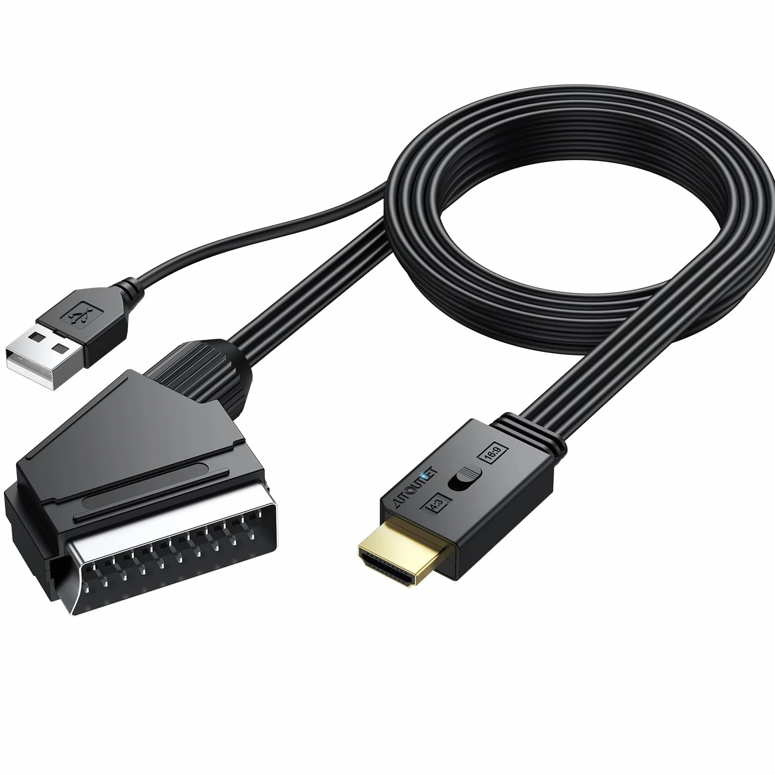 AUTOUTLET Konwerter Scart na HDMI, konwersja 16:9/4:3 i PAL/NTSC, 1080p SCART na HDMI adapter z 150 cm męski zintegrowany kabel, adapter wideo konwerter audio do HDTV, VCR, VHS, DVD