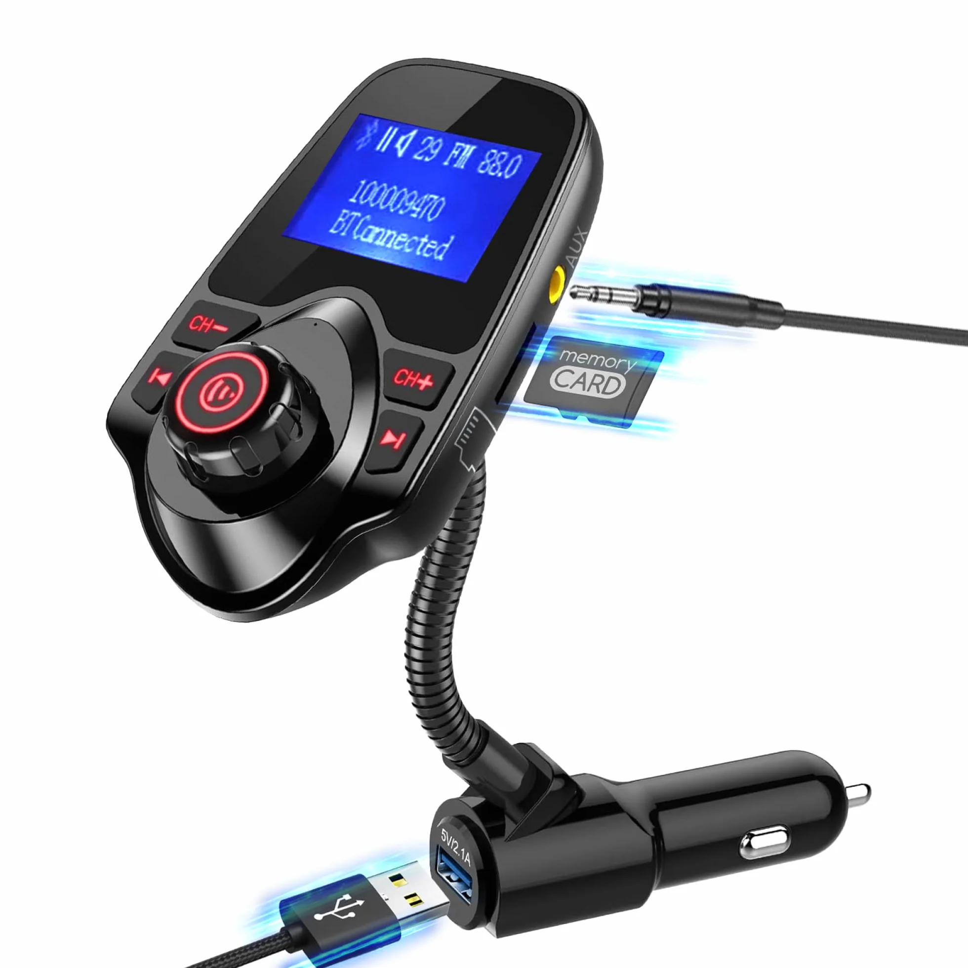 ONN Upgraded 2025 Car Bluetooth FM Transmitter – 1.44" Display, Flexible Gooseneck, Hands-Free Calls, Wireless Music Player, Radio Adapter, USB Charger, Micro SD Card & AUX Support