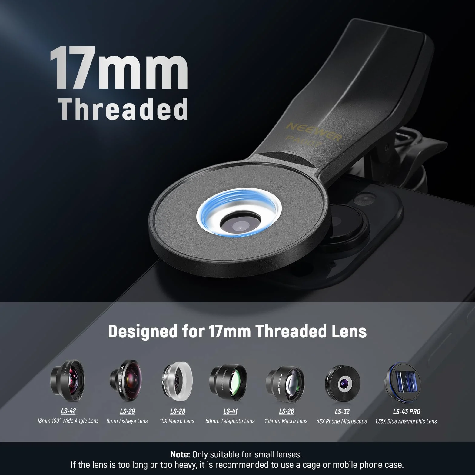 Neewer Uniwersalny zacisk do telefonu do obiektywu gwintowanego 17 mm, profesjonalne mocowanie i adapter obiektywu teleobiektywu, kompatybilny z iPhone 15 Pro Max 15 Plus 14 13 Samsung Galaxy S24 S23