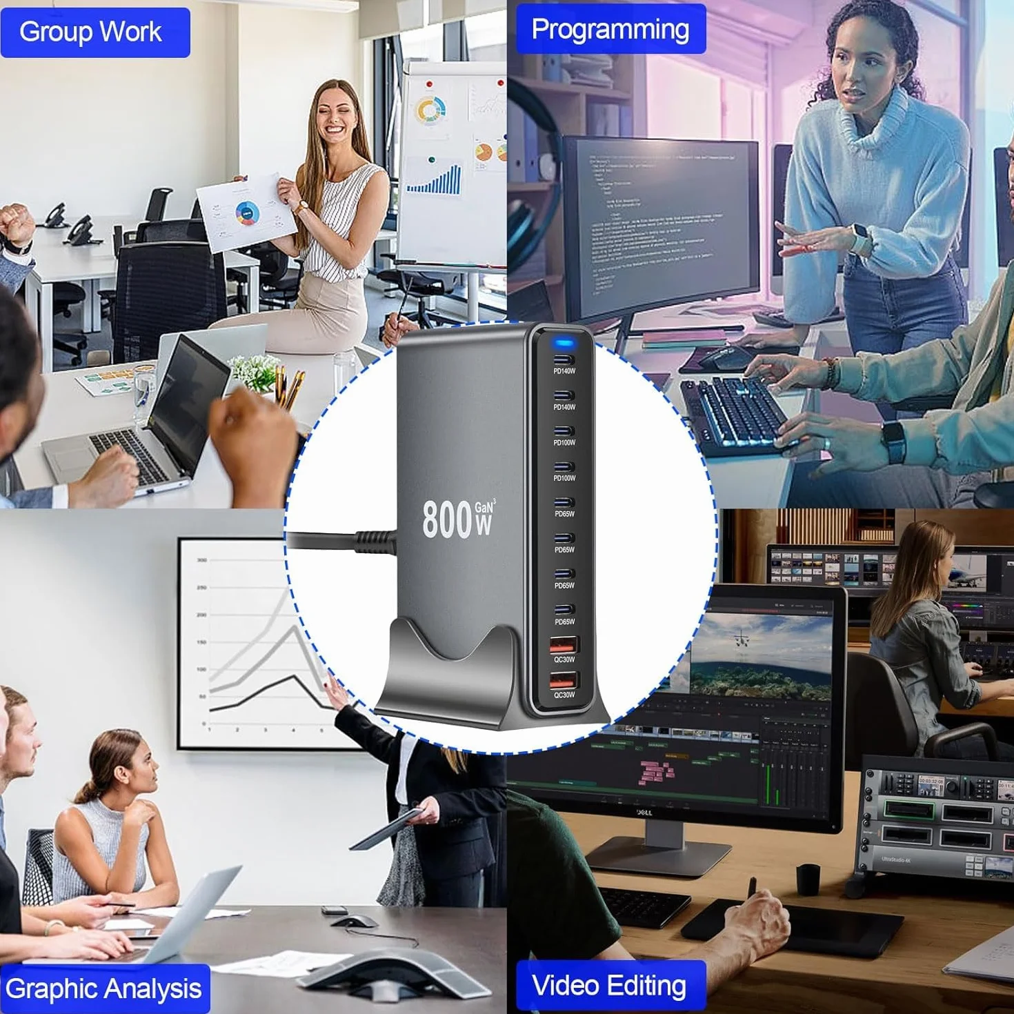 GaN III10 ładowarka USB C, 800 W, wiele portów USB, stacja ładująca 8 USB C i 2 USB A, szybka ładowarka, stacja ładująca, kompaktowa wielofunkcyjna ładowarka do laptopów (800 W + kabel do