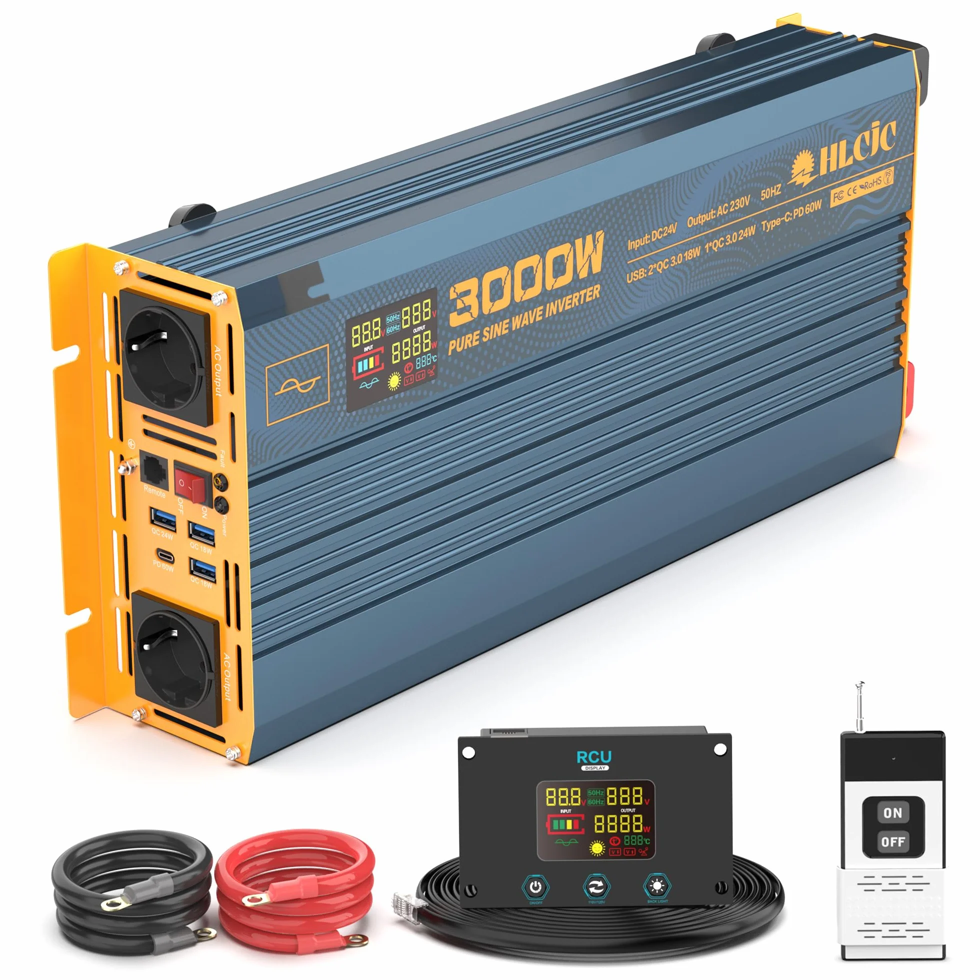 Inwerter sinusoidalny czystej fali, 3000 W, 24 V, 24 V na 230 V, z 2 gniazdami europejskimi, 1 portem USB-C, 3 portami USB-A z szybkim ładowaniem, wyświetlacz LCD do autokaravany, ciężarówki