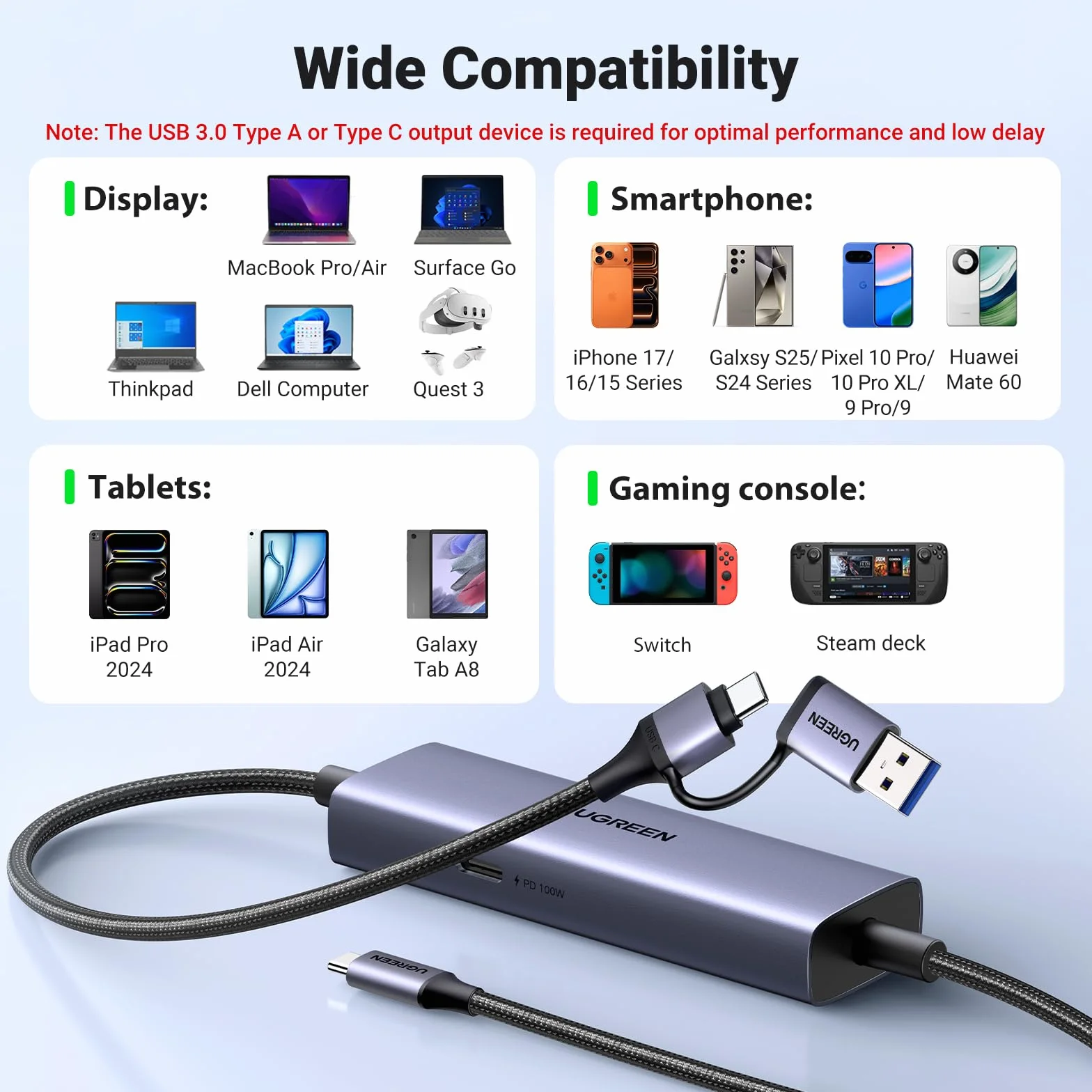 UGREEN 4K Video Capture Card and PD 100W Charging, USB-A/USB C Video Capture Card do nagrywania Full HD 4K, 2K@30Hz i szybkiego ładowania, urządzenie do przechwytywania wideo dla Switch/Phone/PC