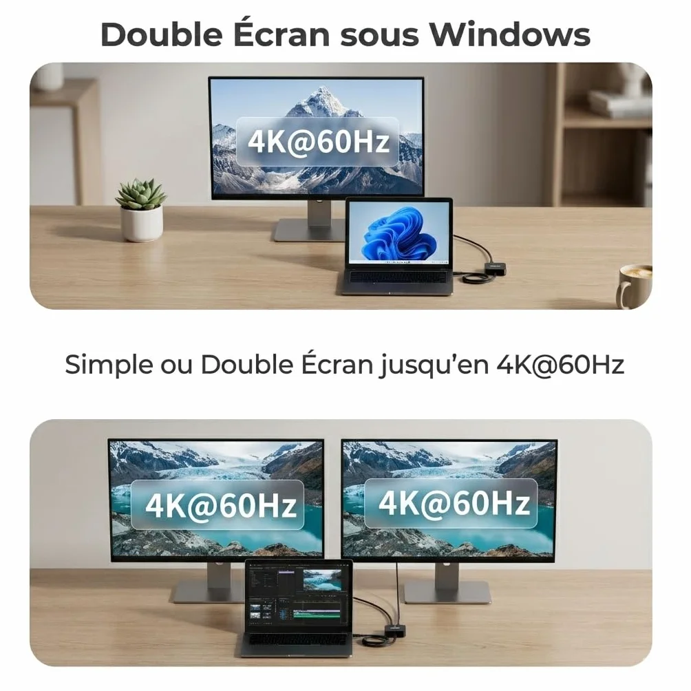 Anyoyo Stacja dokująca USB C Dual HDMI 4K 60 Hz, koncentrator z długim kablem 60 cm do biura, stacja dokująca 6 w 1 PD 100 W, 2 USB 3.0, wieloportowy adapter typu C do MacBook Air/Pro M1 M2 M3, Dell