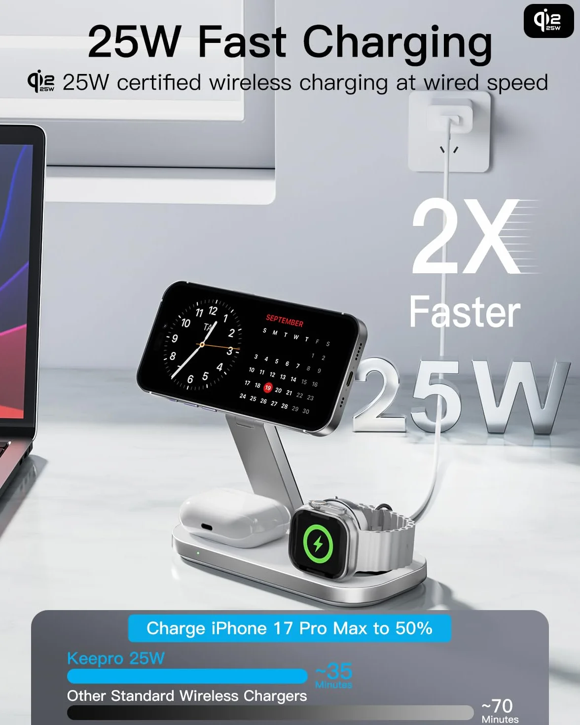 Bezkablowa ładowarka 25W z, 3 w 1 stacja ładująca dla Apple, składana indukcyjna bezprzewodowa ładowarka dla Phone-Biały