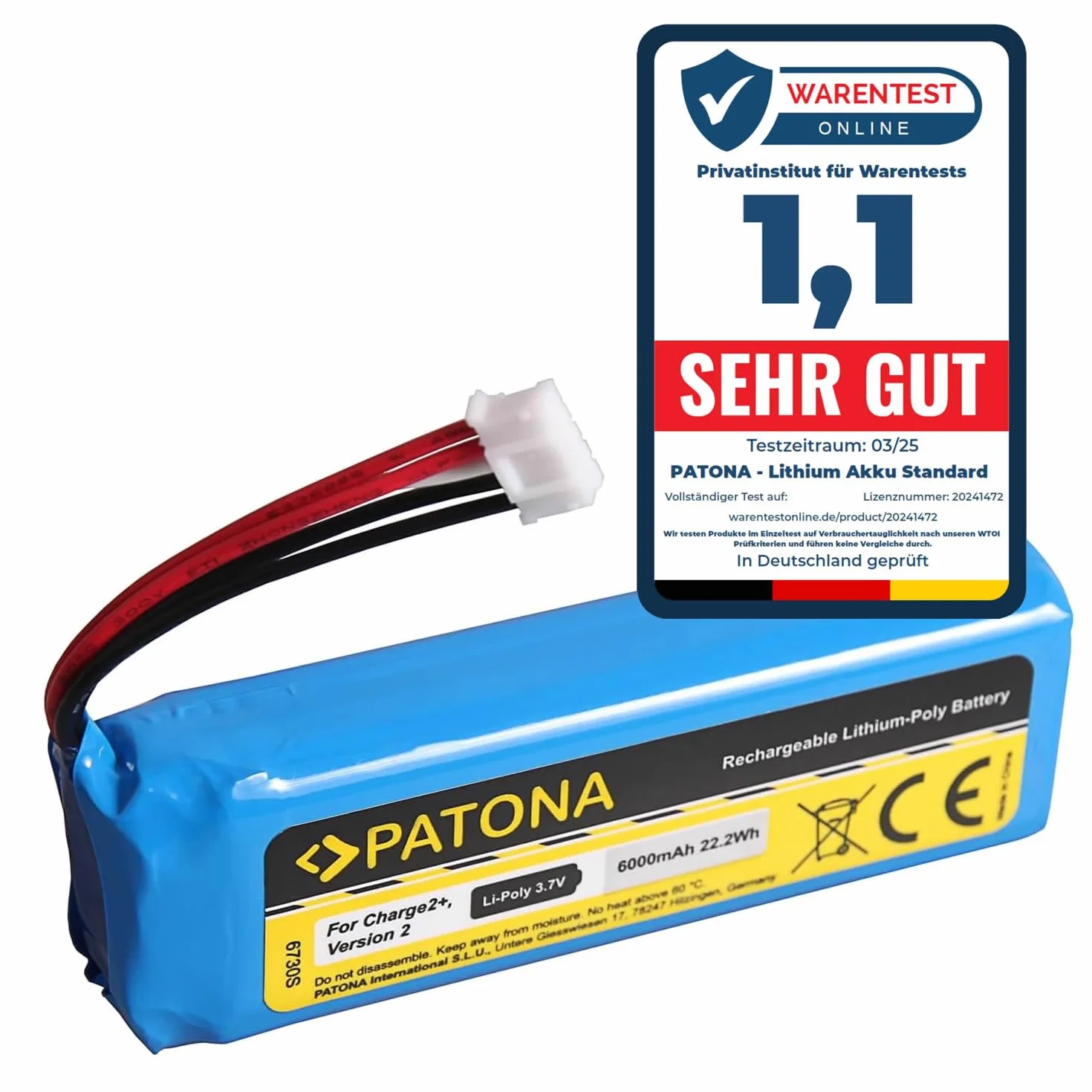 PATONA 6730 zamiennik akumulatora JBL GSP1029102R P763098 (6000 mAh) - kompatybilny z JBL Charge 2+ Charge 2 Plus i Charge 3 wersja 2015