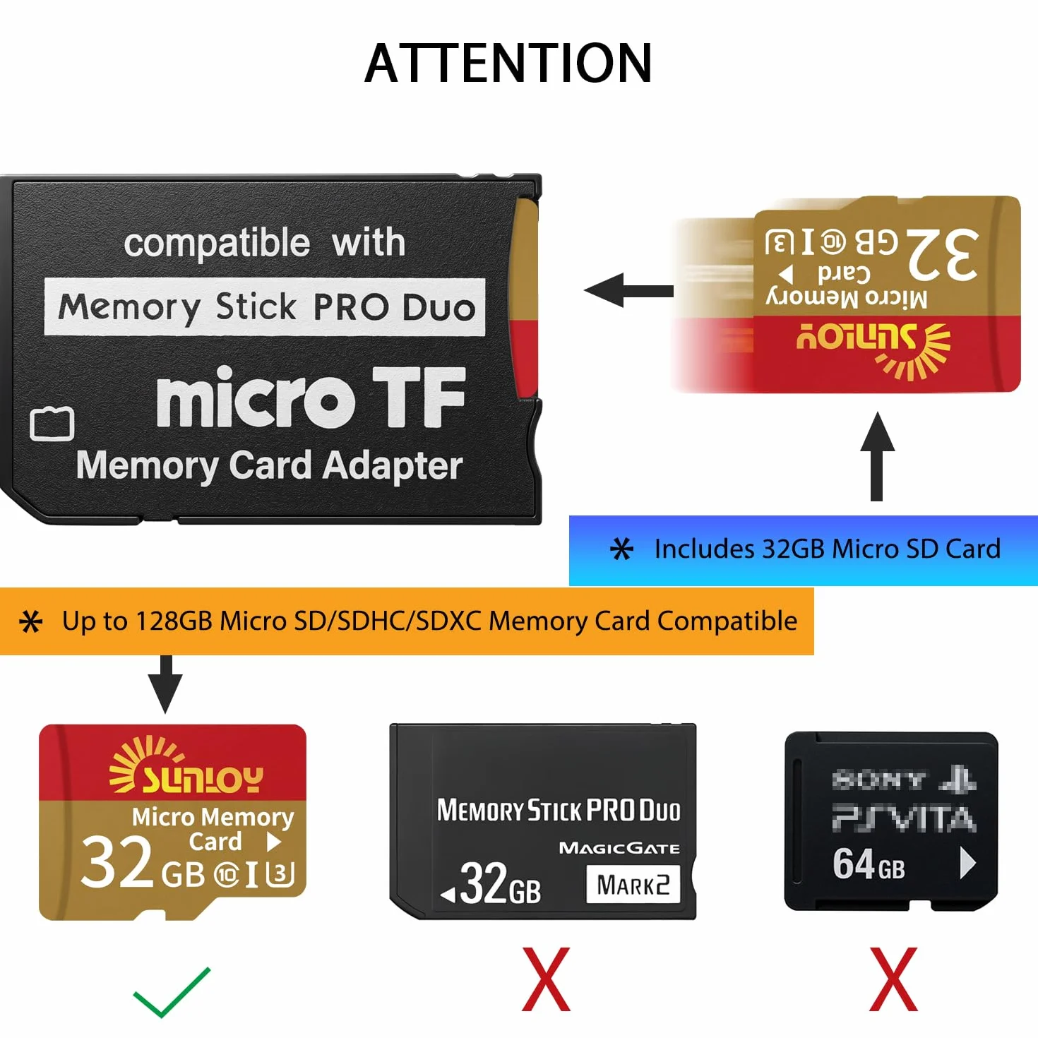 Adapter pamięci PSP z kartą micro SD 32 GB, Micro SD/SDHC/SDXC do Memory Stick PRO Duo MagicGate karta kompatybilna z PlayStation Portable, aparatem, kamerą ręczną, telefonem komórkowym i PSP 1000