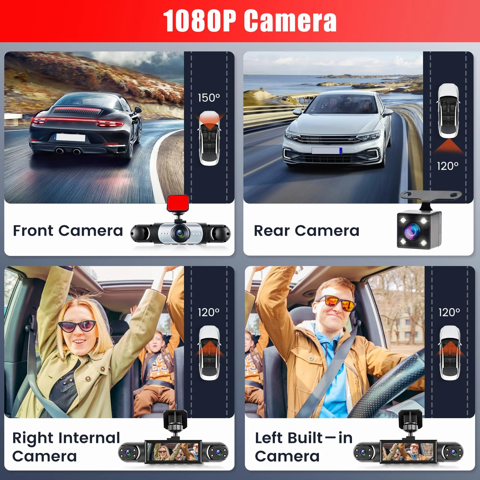 1080P Dash Cam 360 stopni 4 kanały, ekran 3,16 cala z 64 GB | Dashcam z kartą SD 64G, czujnik G, kamera cofania, tryb parkowania 24H, noktowizor, nagrywanie w pętli