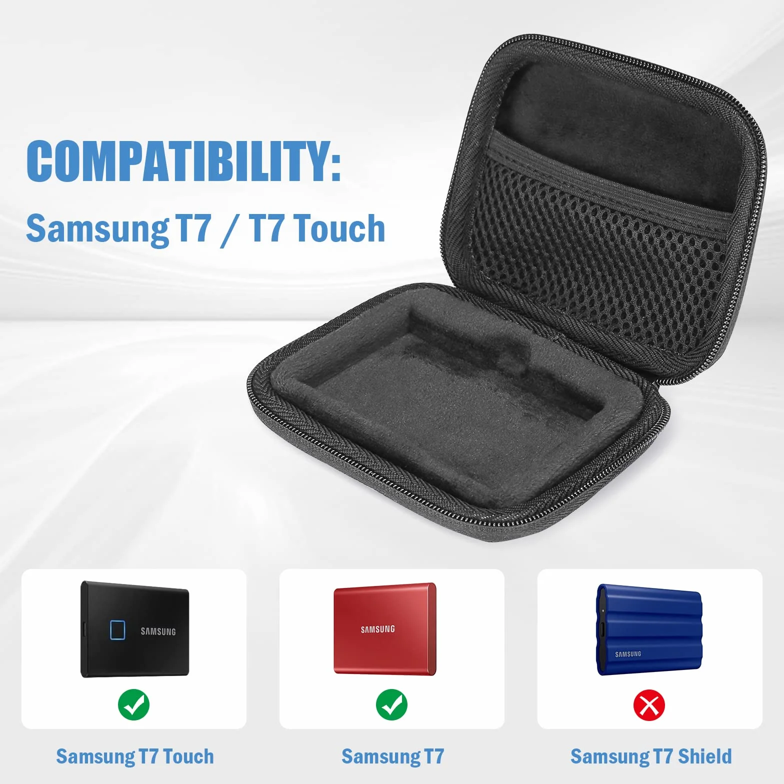ProCase Samsung T7 Touch przenośna obudowa do dysków SSD i 2 opaski kablowe, twarde EVA odporne na wstrząsy organizer podróżny do T7 500 GB 1 TB 2 TB USB 3.2 Zewnętrzne dyski SSD - czarny