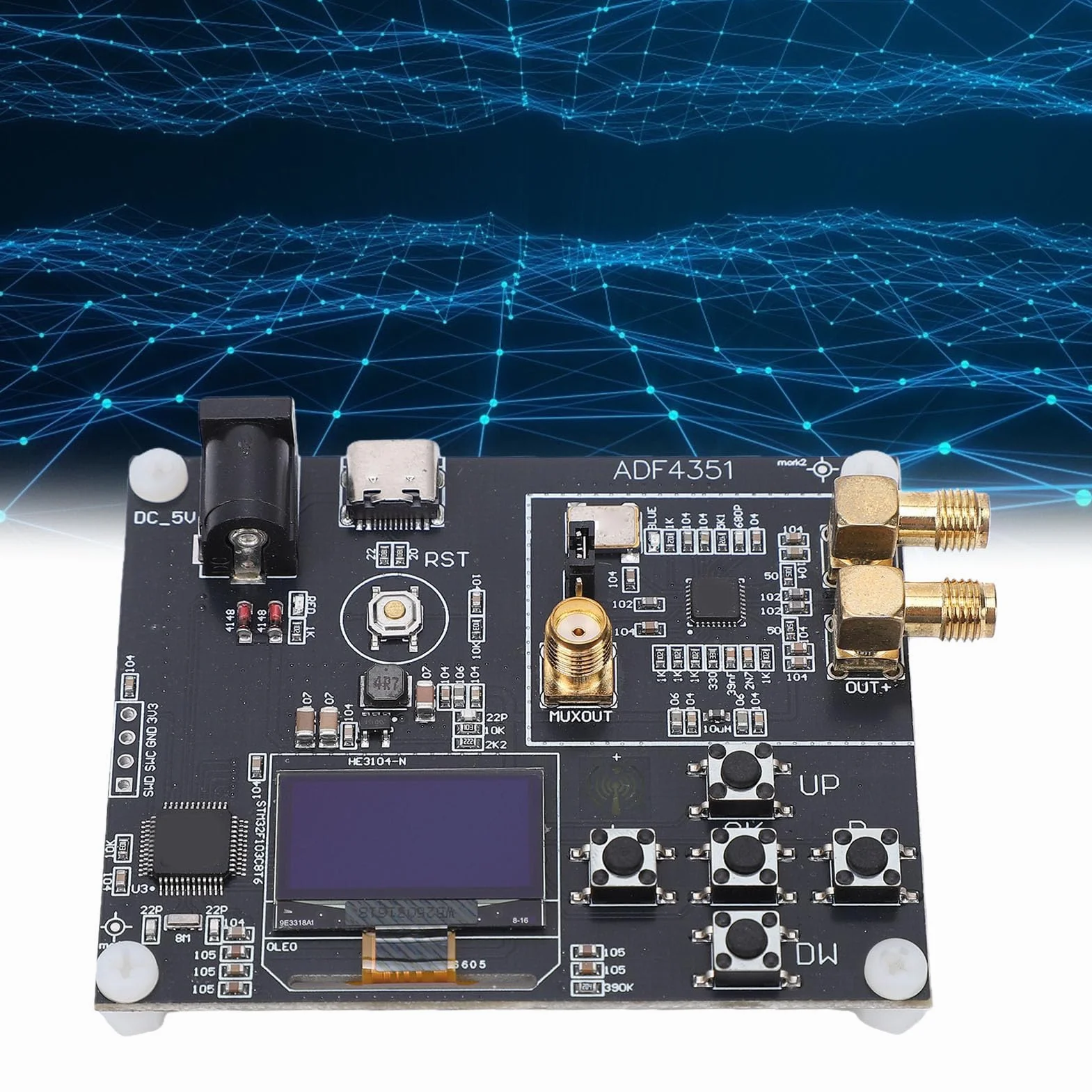 Focket ADF4351 Moduł z synchronizacją Fazy Płytka Syntezatora Częstotliwości RF 35 MHz–4,4 GHz, Szerokopasmowy Generator Sygnału RF PLL z Wyświetlaczem i Wyjściem SMA do Testowania Komunikacji i