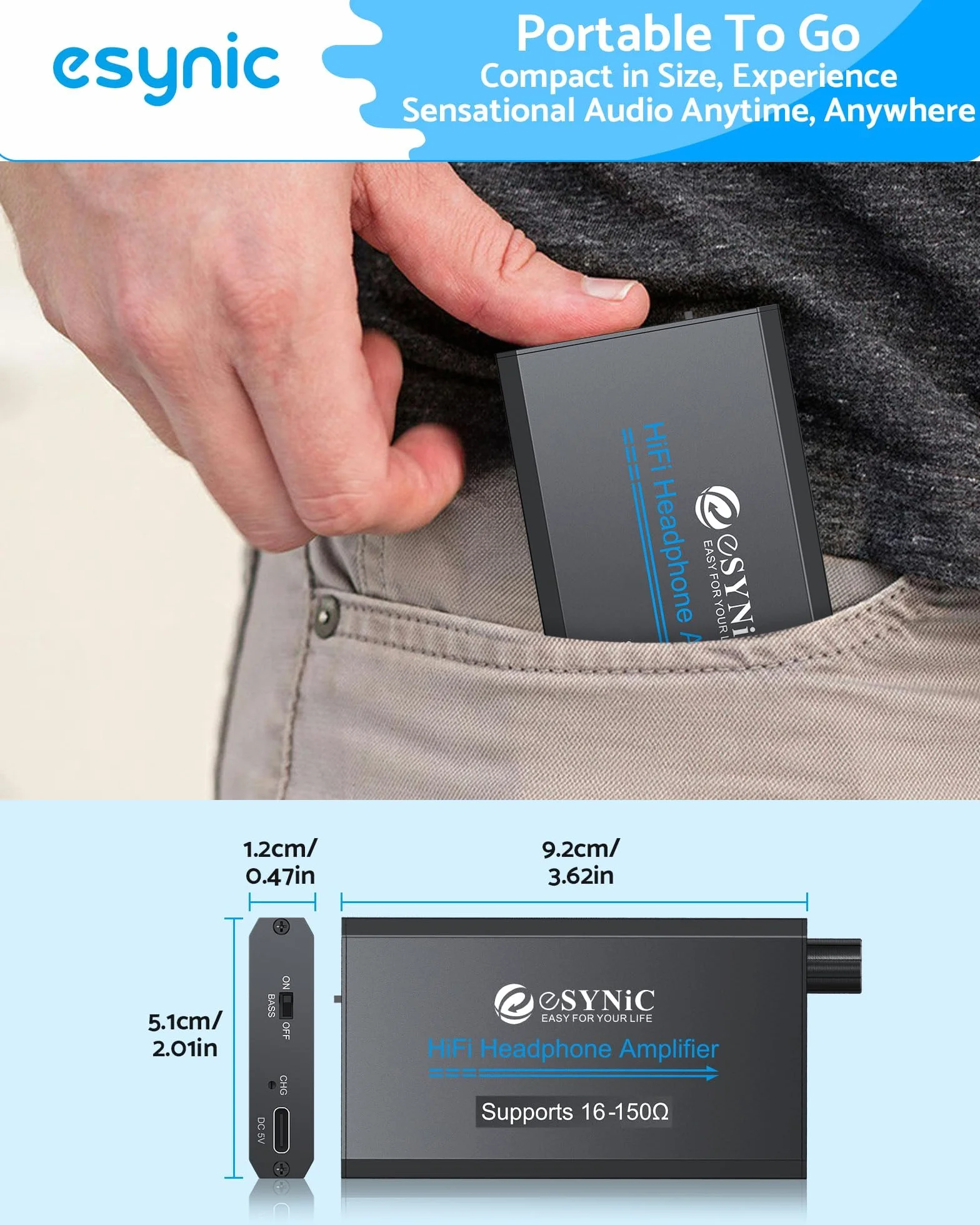 eSynic Przenośny wzmacniacz słuchawkowy, akumulator audio, cyfrowy wzmacniacz słuchawkowy HiFi, 3,5 mm, z dwustopniowym przełącznikiem wzmocnienia, kablem USB i aluminiową matową powierzchnią do