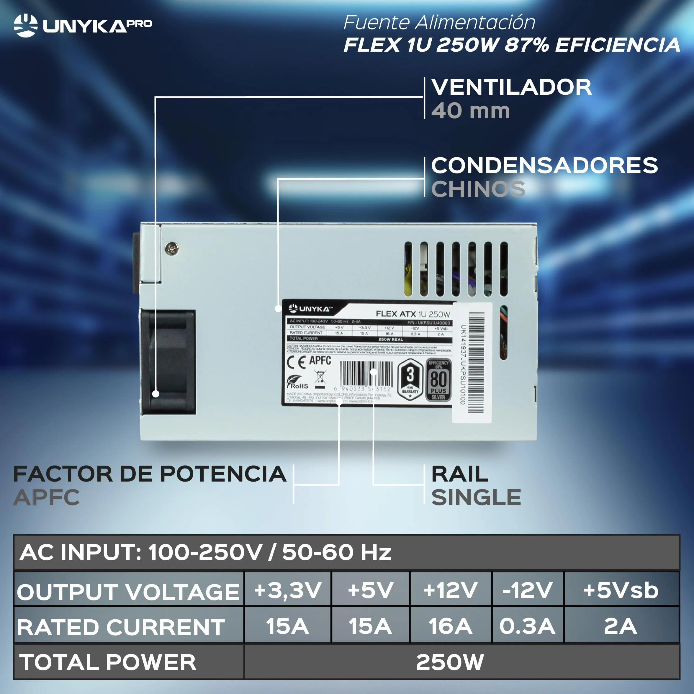 UNYKAch UKPSU1U40003 jednostka Fuente de Nourción 250 W 20+4 pin ATX 1U Plata