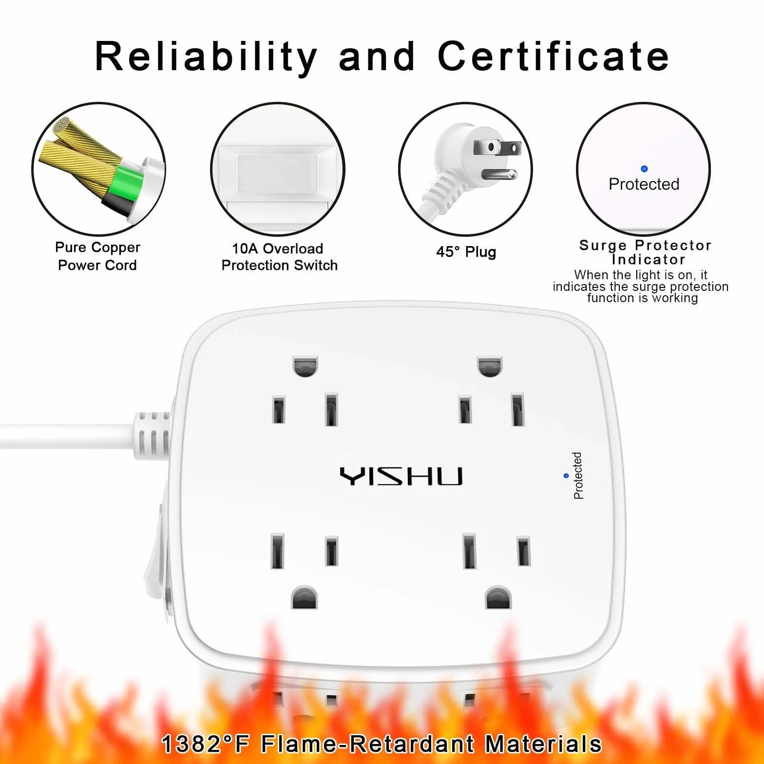 6 Ft Surge Protector Power Strip - 8 Widely Outlets with 4 USB Ports, 3 Side Outlet Extender with 6 Feet Extension Cord, Flat Plug, Wall Mount, Desk USB Charging Station, ETL ,White