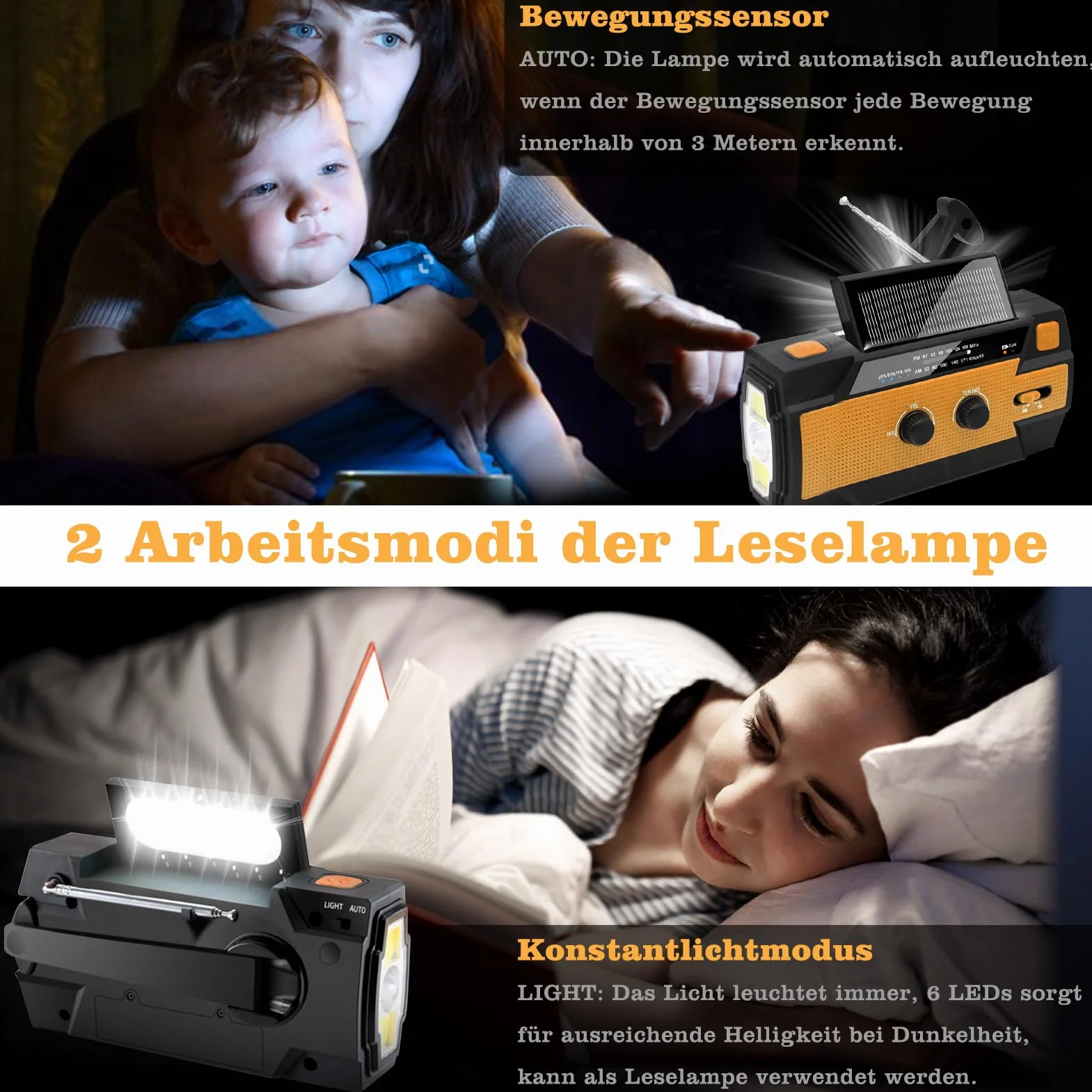 Nigecue Radio solarne, przenośne radio z korbą, dynamo z AM/FM, wbudowana bateria 4000 mAh, 4 tryby pracy, latarka LED, lampka do czytania z czujnikiem ruchu, alarm SOS w nagłych wypadkach