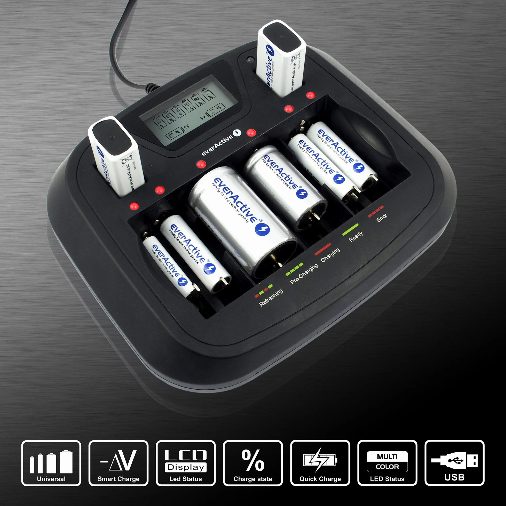 everActive Ładowarka do 8 akumulatorów AAA AA C D 9 V, uniwersalna i szybka, w pełni automatyczna, LCD ze wskaźnikiem poziomu baterii, model: NC-900U