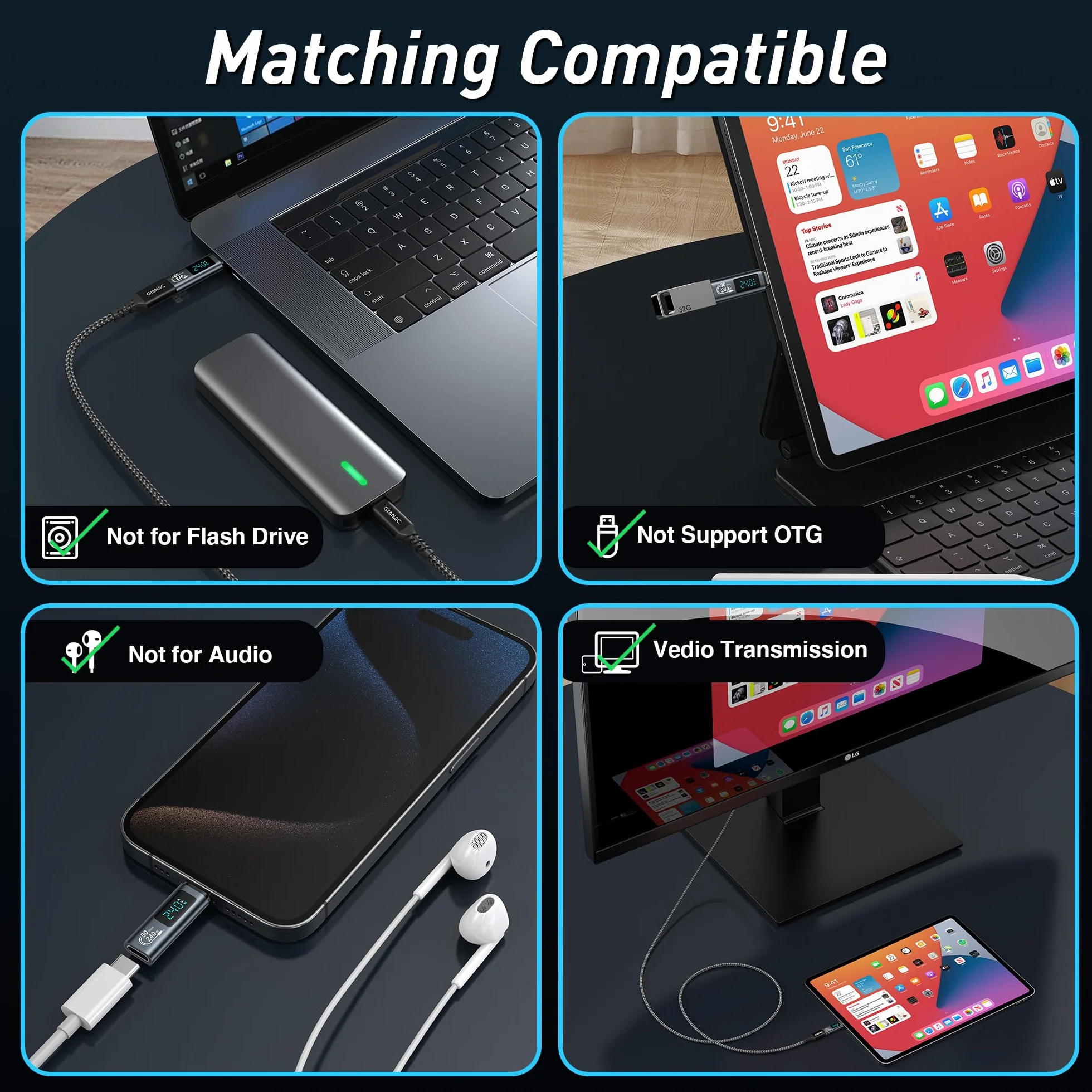 Adapter USB C 240 W [2 sztuki] 80 Gb/s z wyświetlaczem LED, typ C Output Power MAX 48V/5A do iPhone 15/15 Pro / 15 Pro MAX, Samsung Galaxy S23/S22 i wielu innych urządzeń USB-C