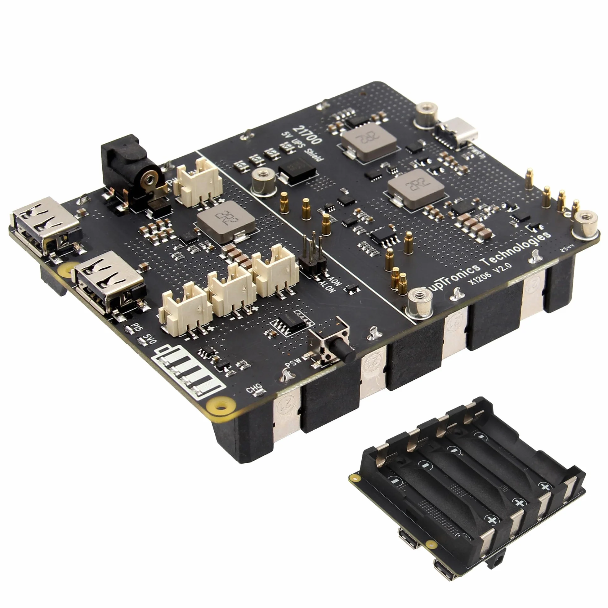Geekworm X1206 V2.0 UPS for Raspberry Pi 5, 5V 5A Output, 4-Cell BAT Holder | 5V or 9-18V Wide Voltage Input, Auto Power On, Safe Shutdown, Power Loss Detection, Require 21700 BAT