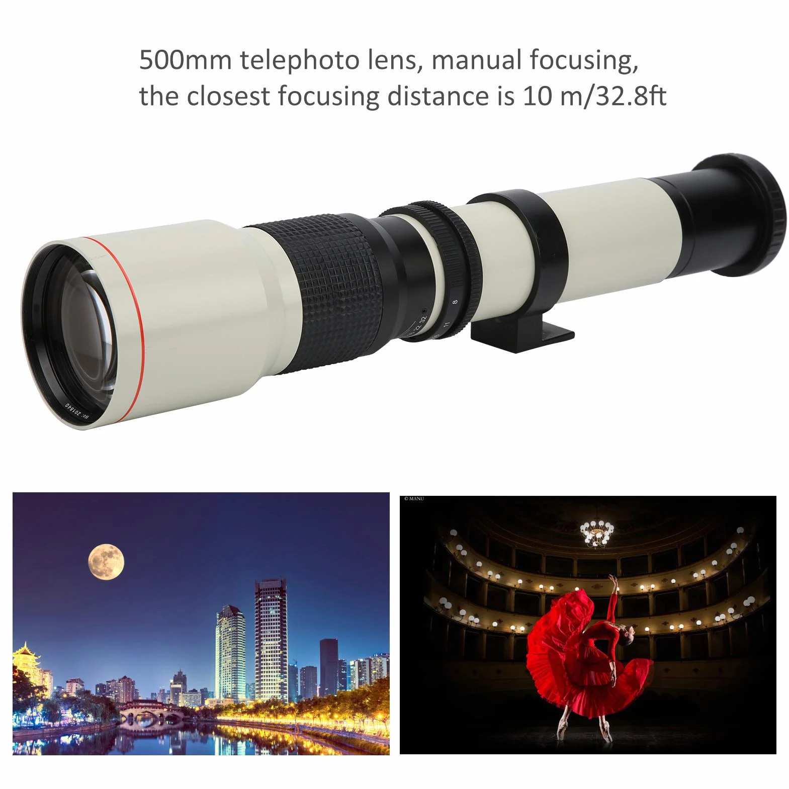 Teleobiektyw 500 mm F8‑F32 z ręcznym ustawianiem ostrości z 2-krotnym telekonwerterem do montażu Olympus OM, biały, przypadkowy