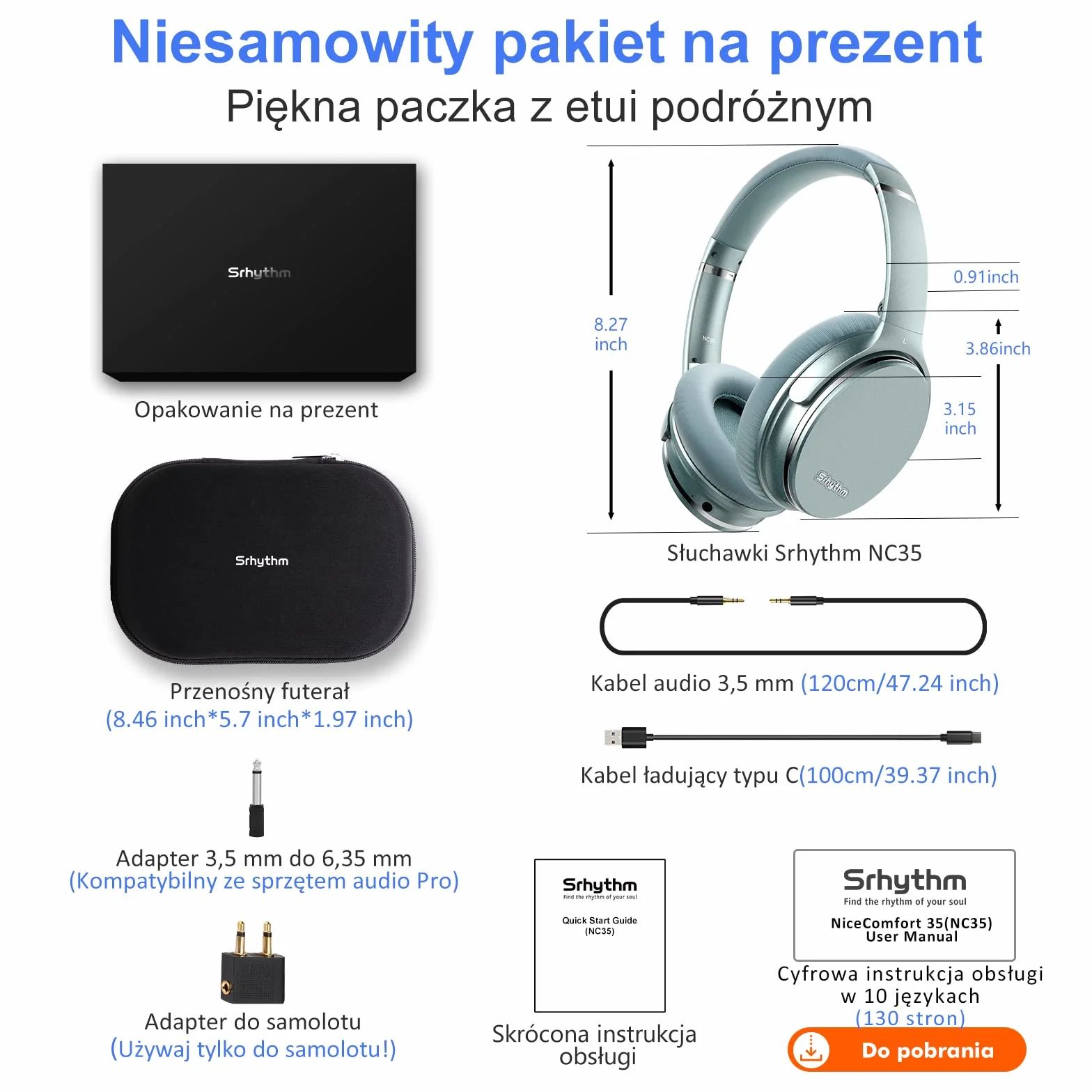 Srhythm NC35 Over-Ear z szybkim ładowaniem USB-C, Hybrid Active Noise Cancelling słuchawki, składane, bezprzewodowe, Bluetooth 5.3, mikrofon, rozmowy głosowe, 50 godz