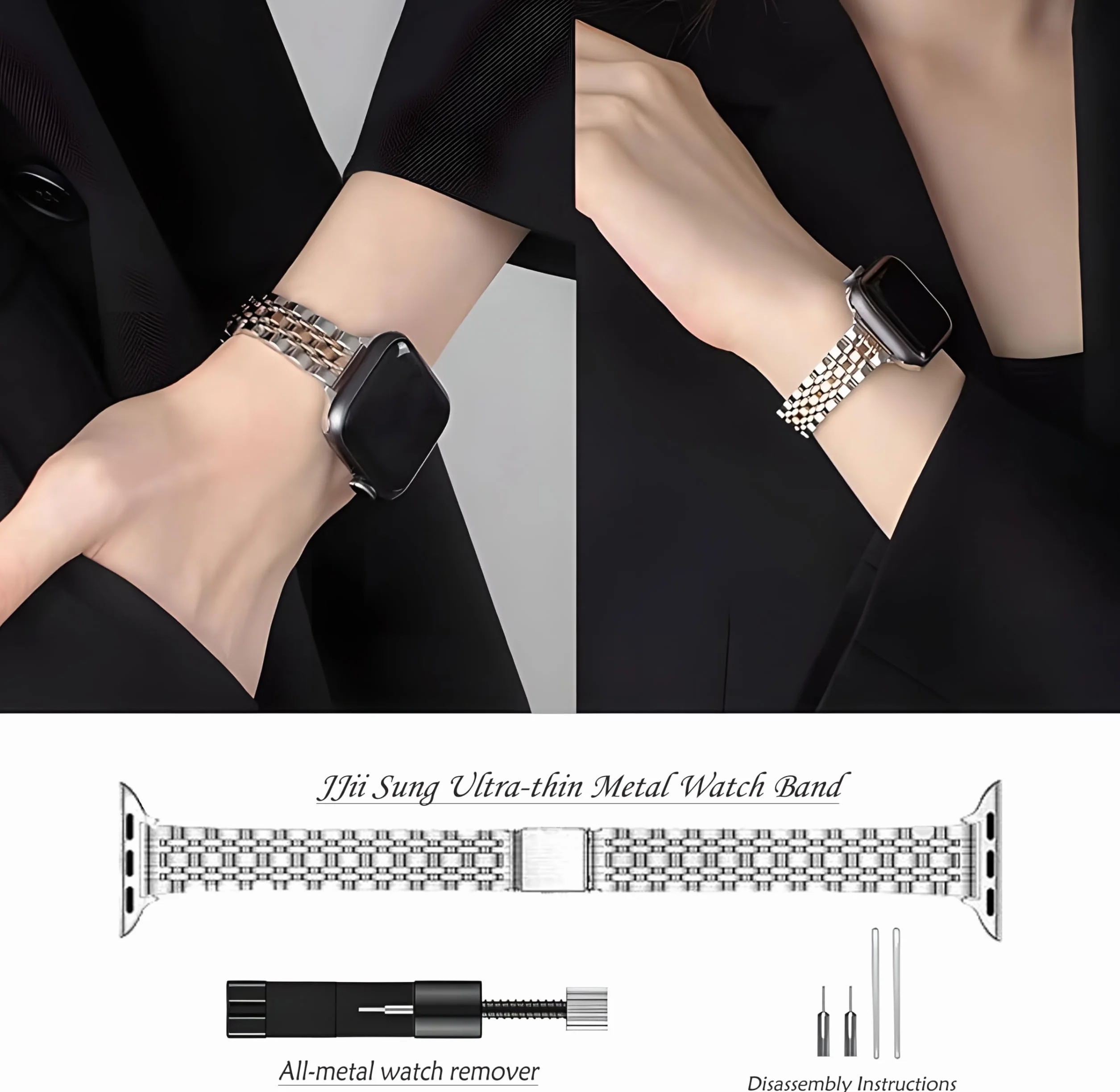 Metalowy pasek kompatybilny z Apple Watch 38 mm, 40 mm, 41 mm, 42 mm, 44 mm, 45 mm, 46 mm, 49 mm, dla kobiet i mężczyzn, modny, smukły, metalowy pasek ze stali nierdzewnej do iWatch Ultra/Ultra 2, SE