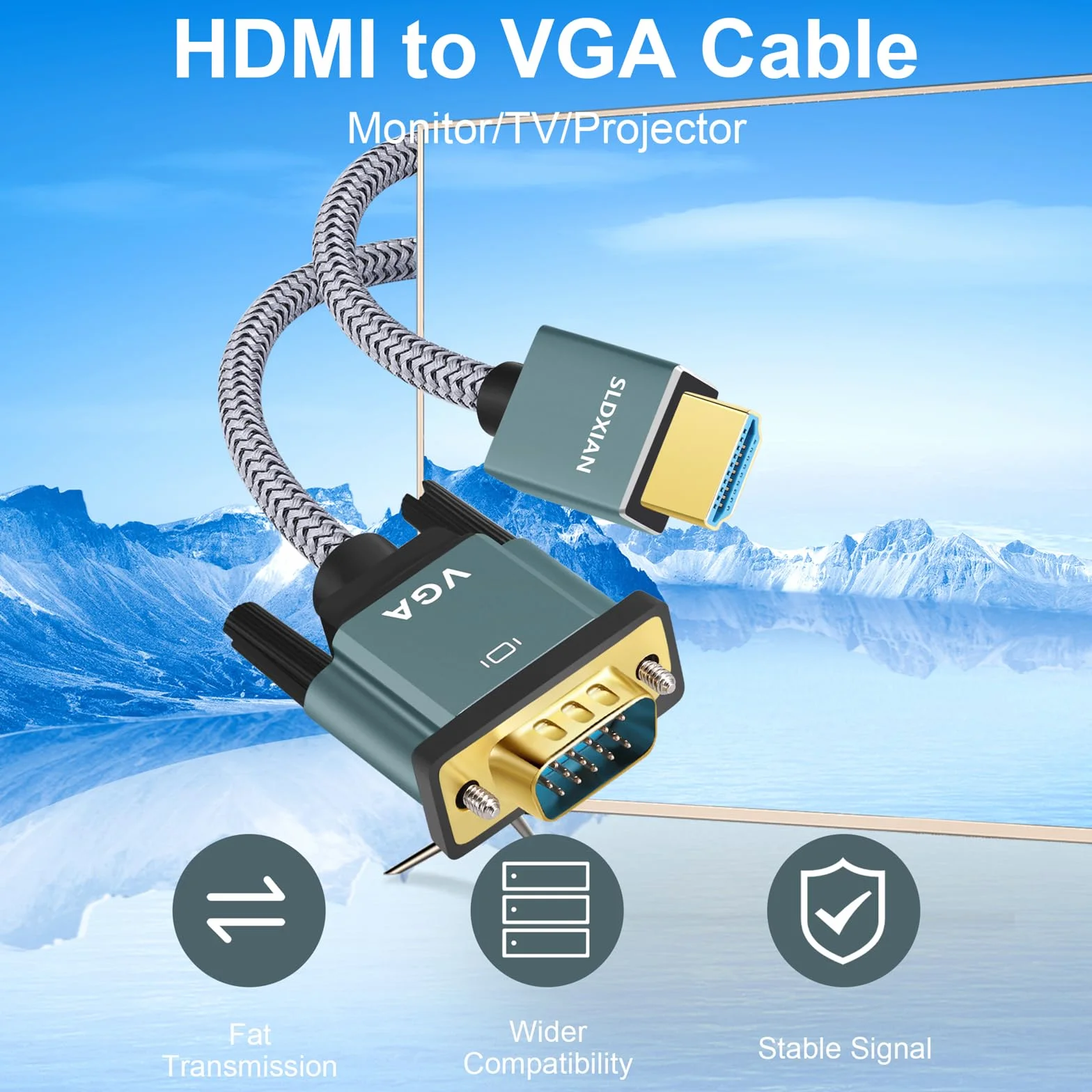 Kabel HDMI na VGA, kabel HDMI do VGA (wtyczka na wtyczkę) 1080P pozłacany i aluminiowa obudowa, konwerter nylonowy, pleciony, kompatybilny z komputerami stacjonarnymi, laptopami, komputerami,