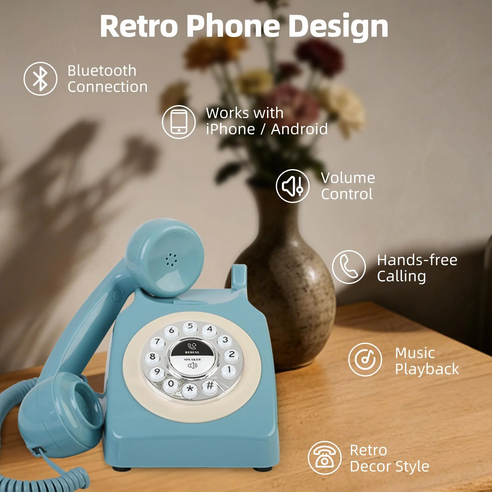 Telefon stacjonarny Bluetooth w stylu retro, niebieski z połowy wieku, z klasyczną słuchawką, głośne dzwonki vintage, Bluetooth łączy się ze smartfonem, uroczy telefon w stylu retro do sypialni, domu