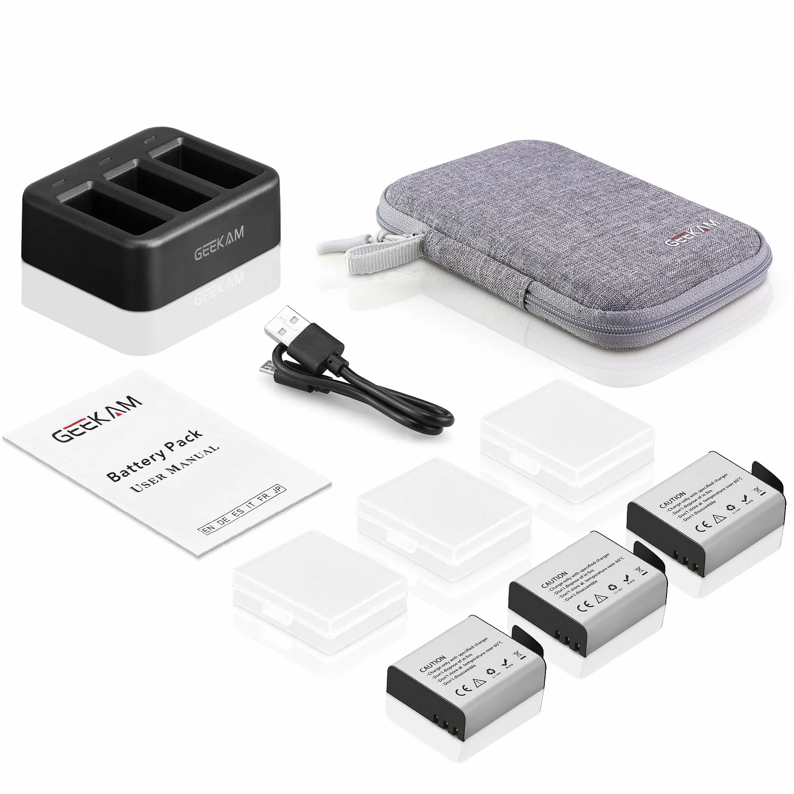 Akumulator 1350mAh (3-pak) z ładowarką do AKASO EK7000/Brave 4/V50X, Apexcam, COOAU, Dragon Touch, Crosstour, Campark, APEMAN, Surfola, Exprotrek, S009R, PG1050