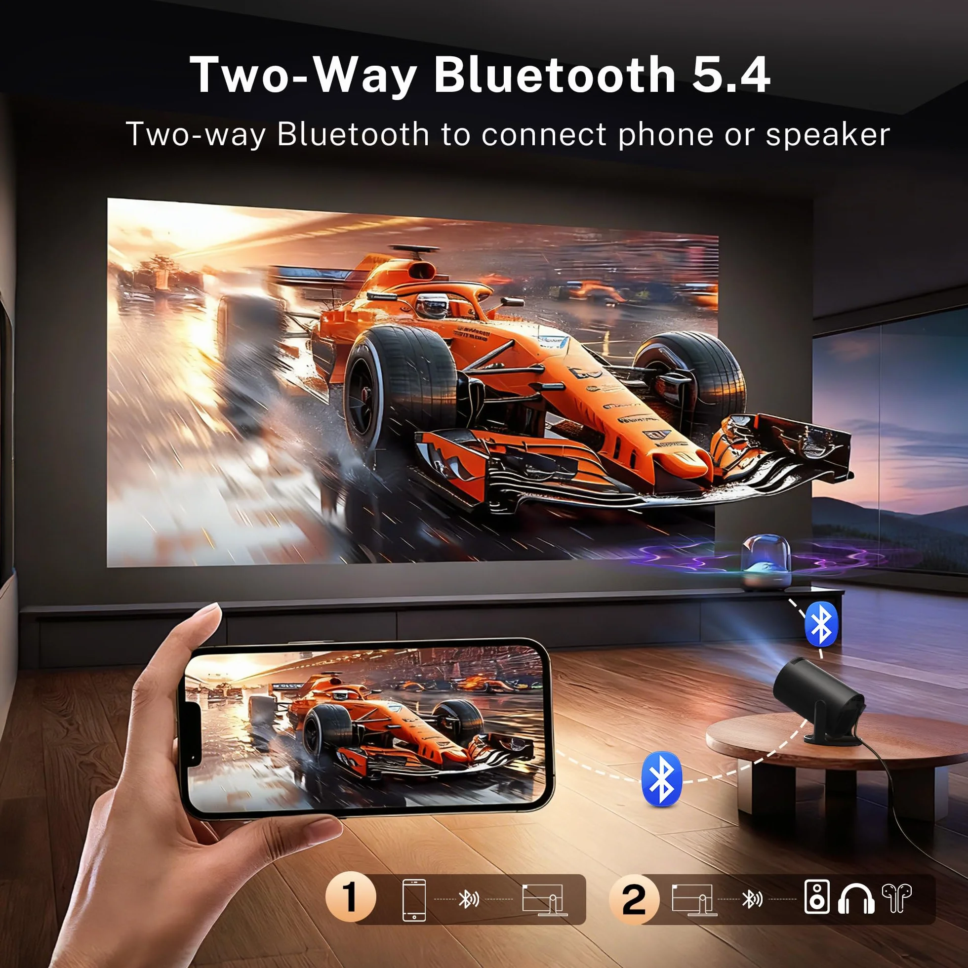 Mini projektor ze zintegrowanym WiFi i Bluetooth, Android 14, 1080P 4K, przenośny projektor z obrotem 180°, wersja HY300pro+ do użytku domowego i zewnętrznego LYNCAST X1