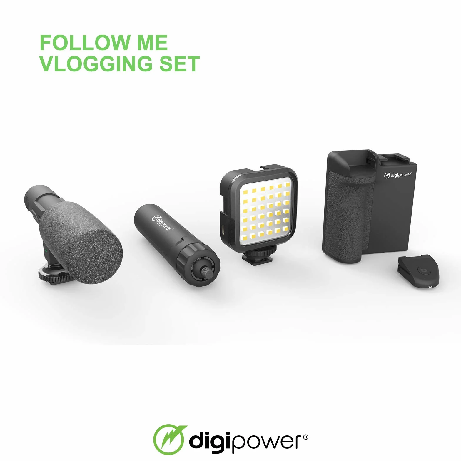DigiPower Follow ME #GoViral zestaw do vlogowania do aparatów i telefonów, z mikrofonem, 36 diodami LED, uchwytem do smartfona, bezprzewodowym pilotem migawki, statywem, sprzętem do vlogowania na