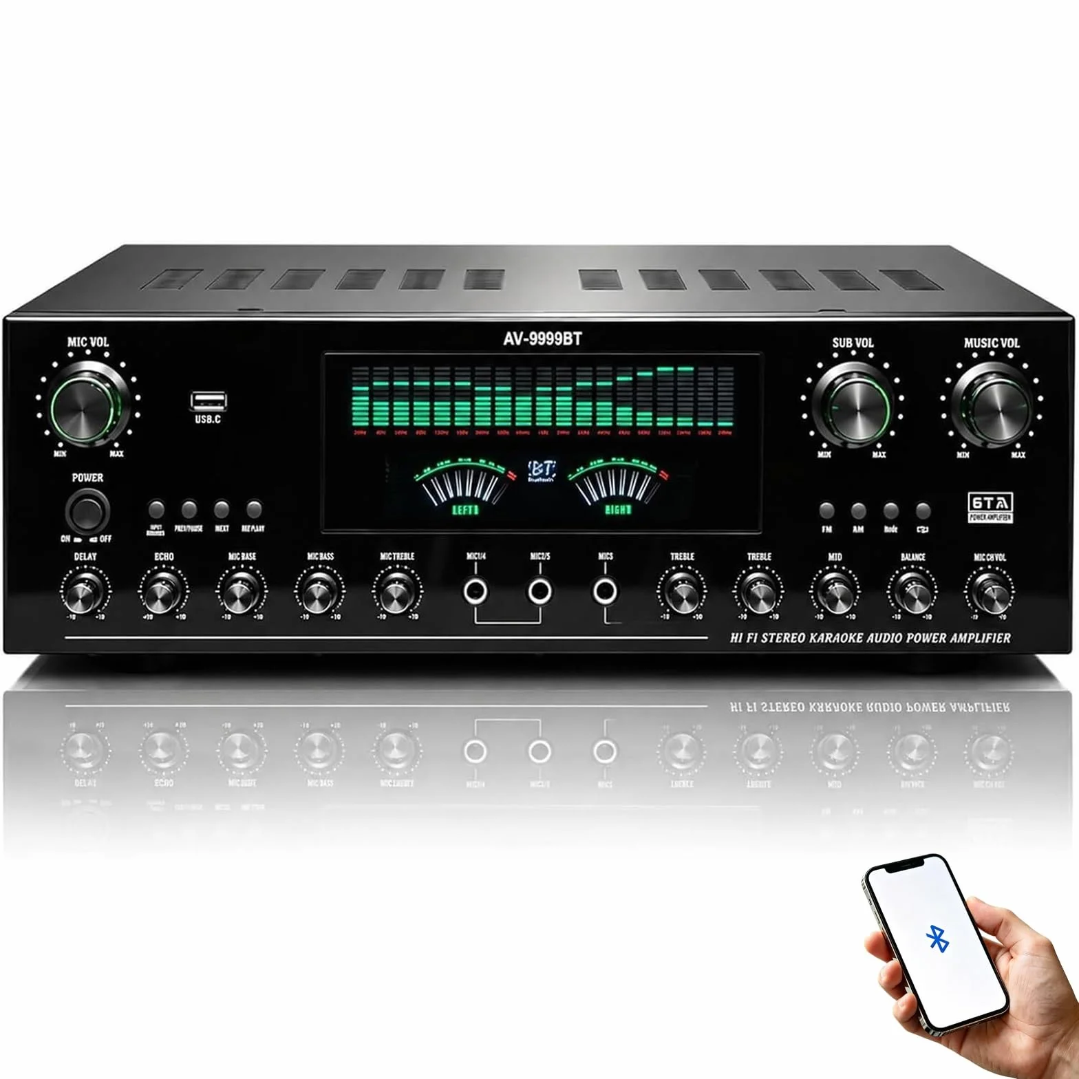 Wzmacniacz audio stereo 7.1, domowy amplituner audio o mocy 1800 W, wzmacniacz Bluetooth 6.0 HiFi, obsługa wejścia DVD/CD/AUX, podwójny dynamiczny ekran, do głośników domowych i karaoke