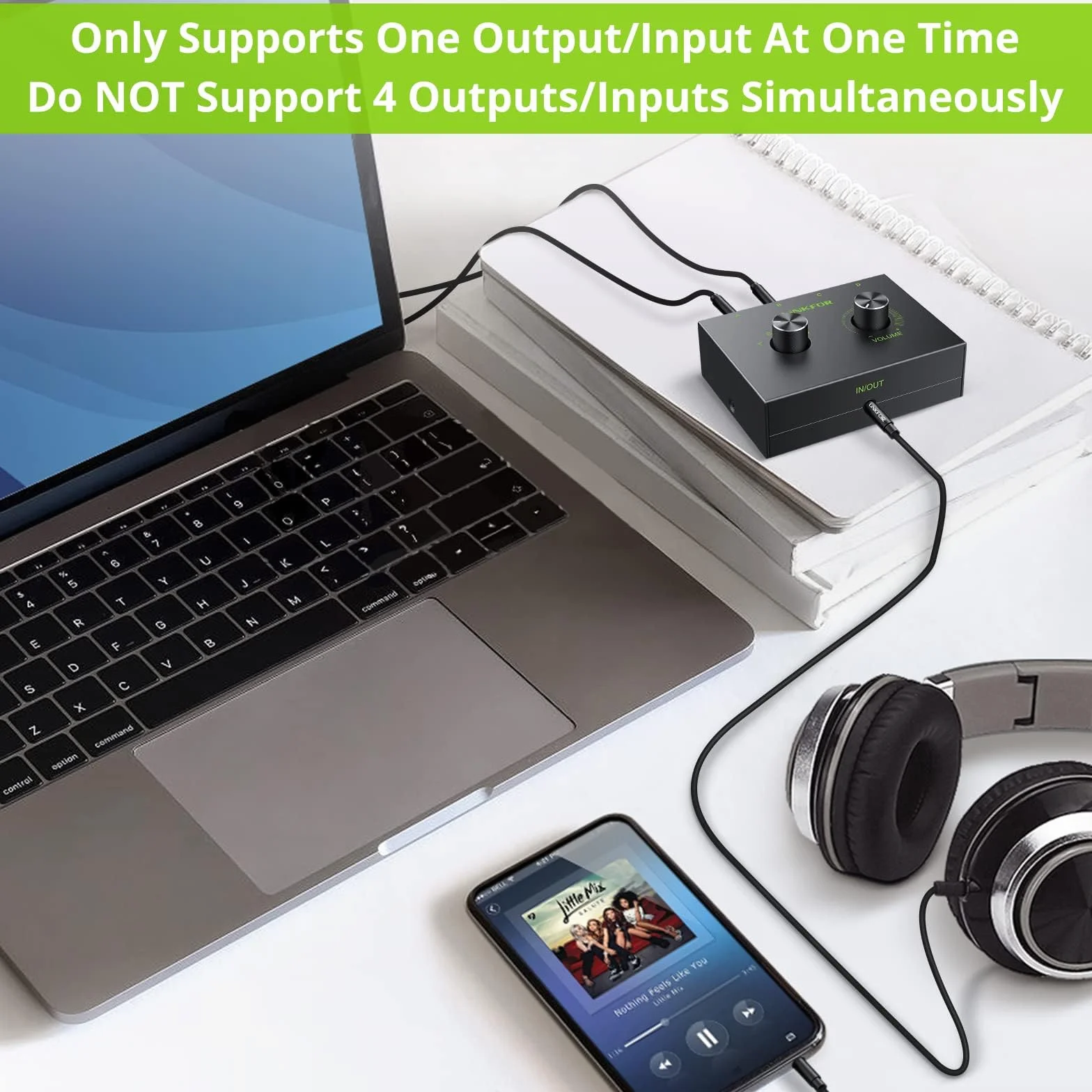 LiNKFOR 4-portowy przełącznik audio stereo 3,5 mm z regulacją głośności, dwukierunkowy przełącznik 1 w 4 wyjścia lub 4 w 1 wyjście AUX do słuchawek, głośników, komputera, laptopa, smartfona - nie