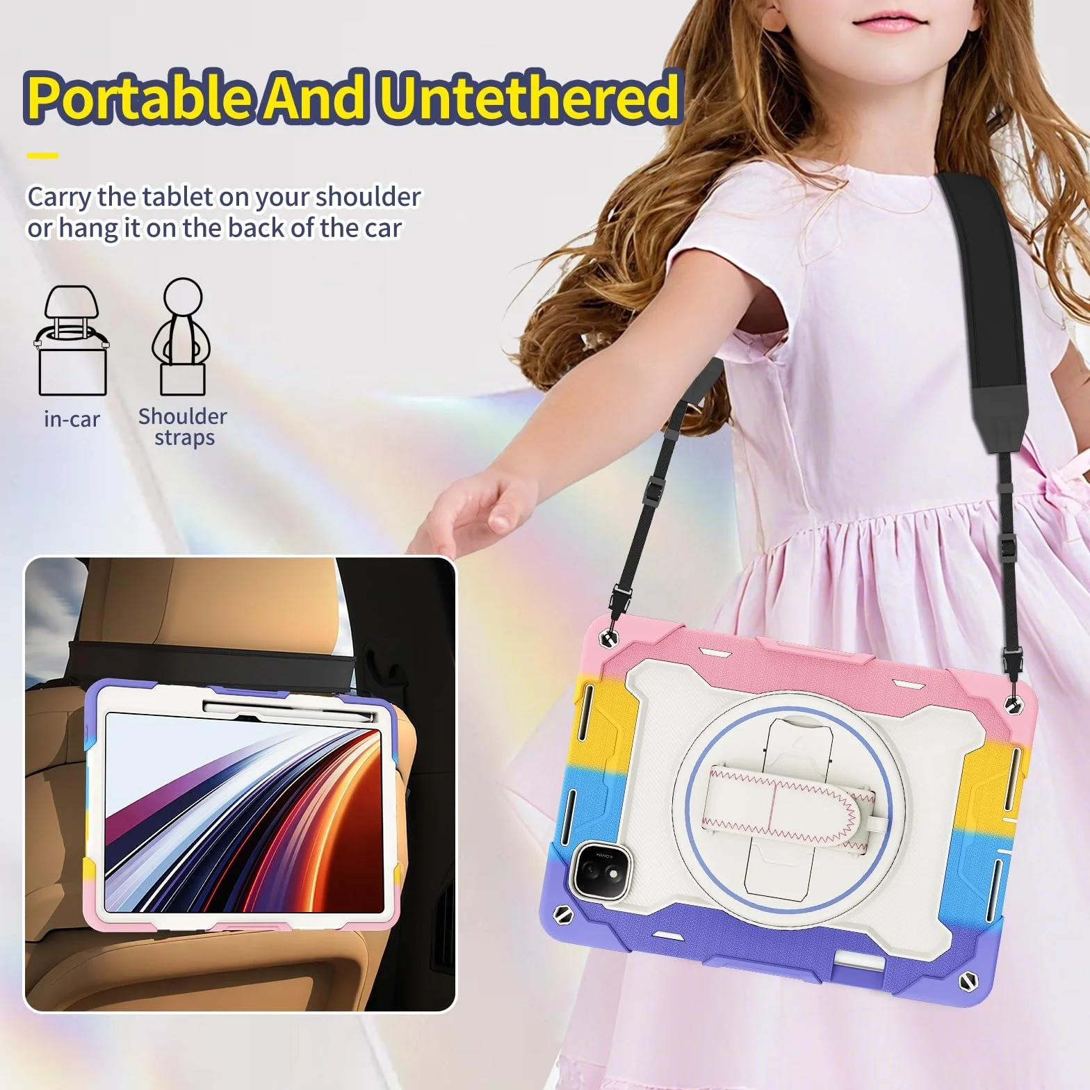 Odporne na wstrząsy etui do Honor Pad GT Pro 31.2 cm / MagicPad 2 31.2 cm, etui dla dzieci, etui z TPU, podpórka, wytrzymały pokrowiec ochronny z paskiem na rękę (różowy)