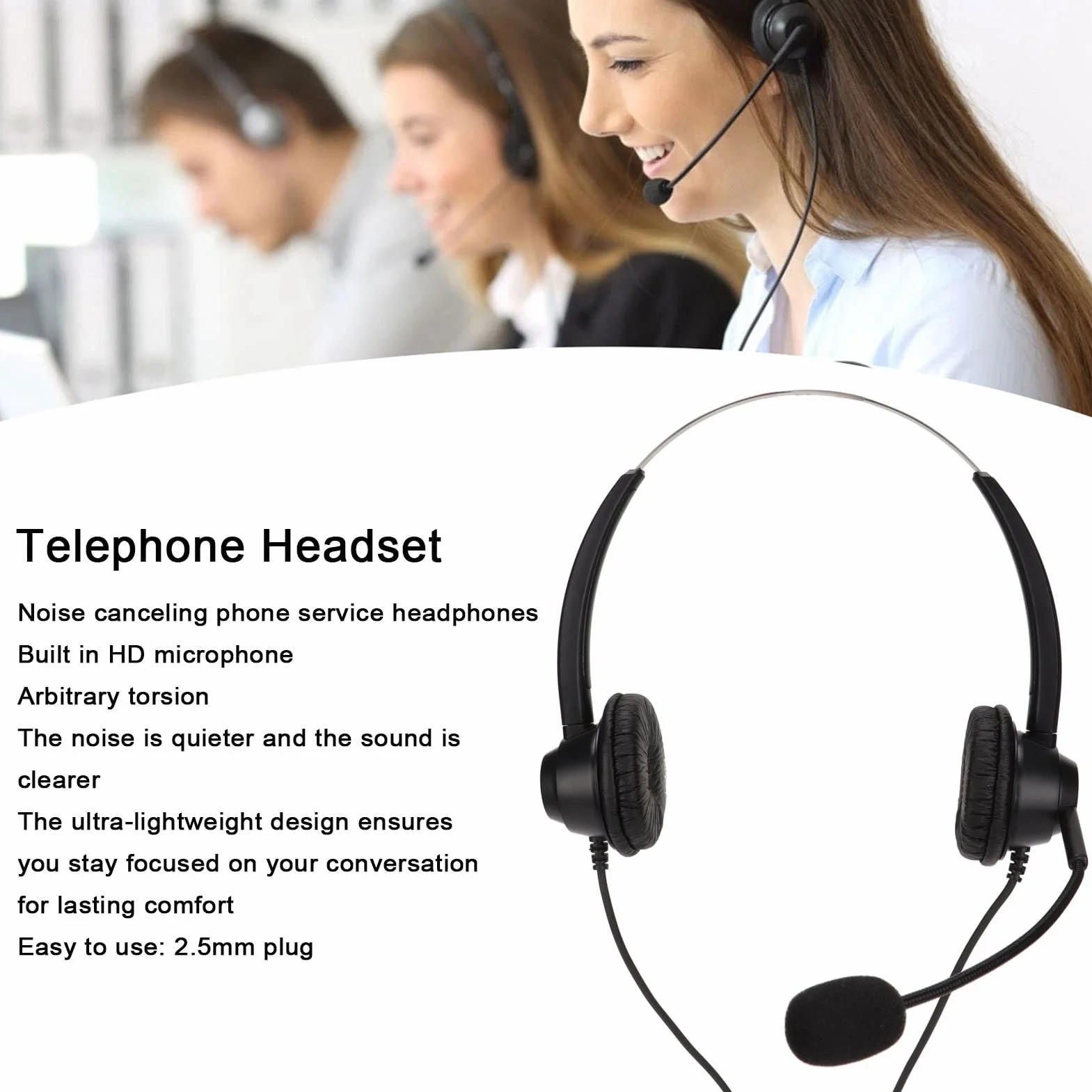 Zestaw słuchawkowy H360D-2.5 do call center, przewodowe stereo z mikrofonem HD, biznesowy, wtyczka 2,5 mm, czarny