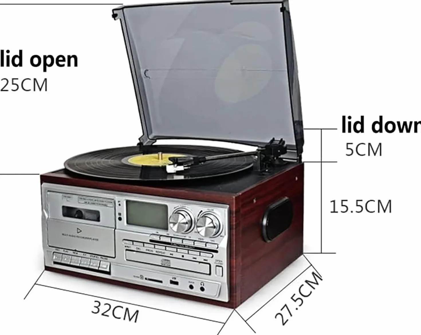 Odtwarzacz płyt winylowych i magnetofon kasetowy z Bluetooth, radiem FM, wbudowanymi głośnikami, USB, odtwarzaczem CD, 3-biegowym gramofonem vintage, osłona przeciwpyłowa
