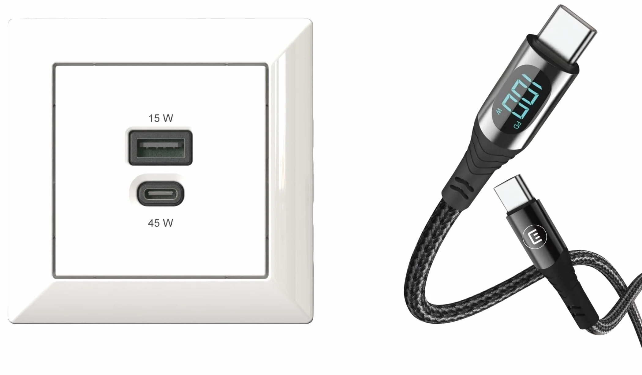 EHMANN zestaw 2 w 1, wbudowana stacja ładująca USB, USB-C 45 W + ładowarka USB-A 15 W i kabel USB C/C, ładowanie (100 W) + transmisja danych (480 Mbps) + pomiar mocy (wyświetlacz), długość 3 m,