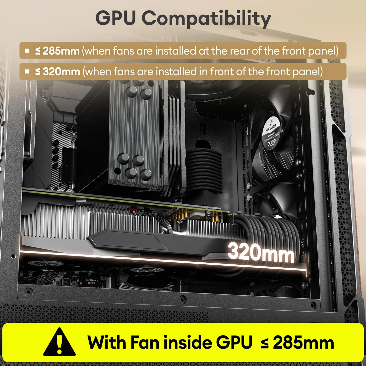 Okinos Drewniana obudowa Micro ATX, 4 × 120 mm 3-pinowe wentylatory bez PWM wstępnie zainstalowane, panel boczny ze szkła hartowanego, z type-C, czarny, cyprys 3 drewno