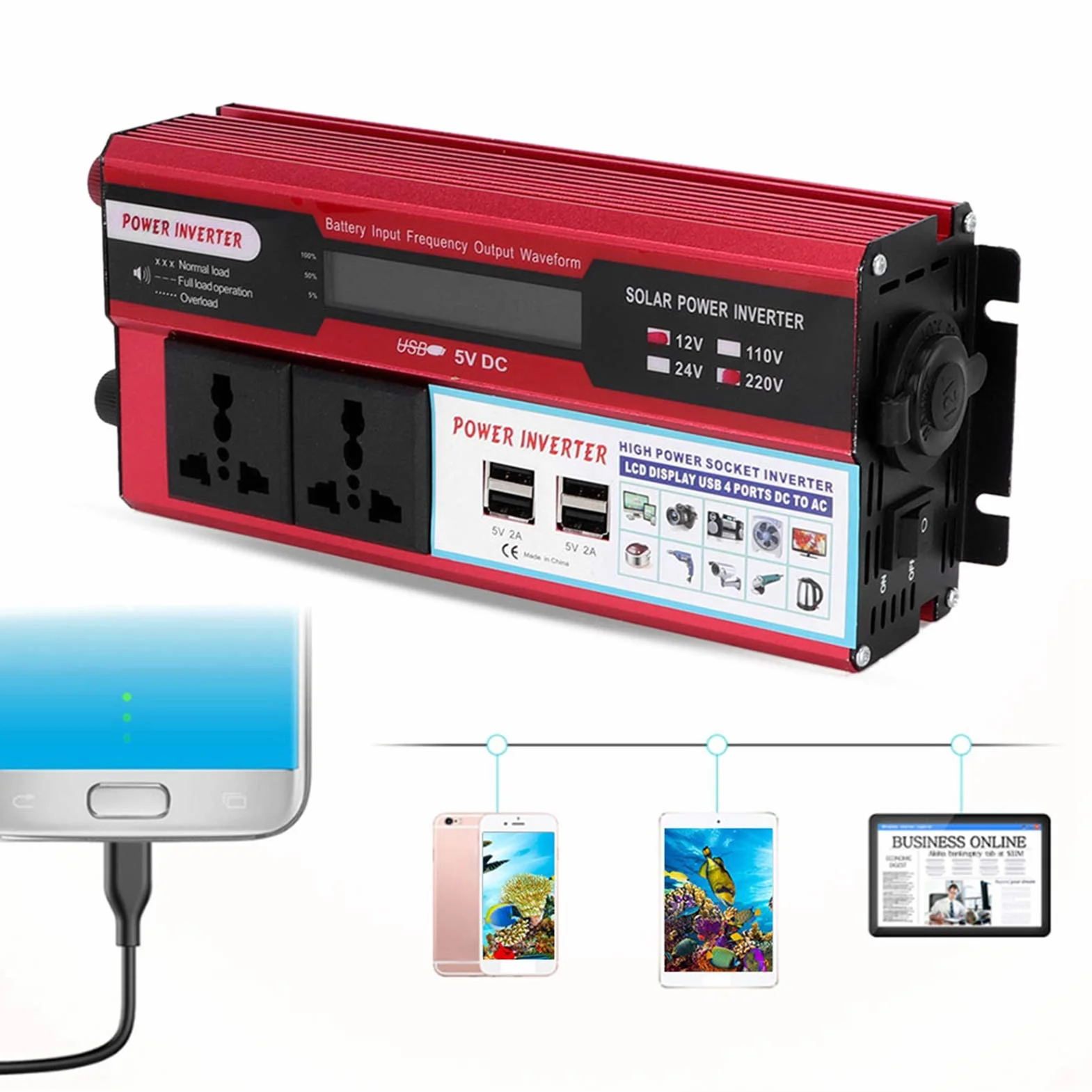 Konwerter Mocy 750 W do Samochodu z Wyświetlaczem Cyfrowym Inwerter Solarny do ładowania Telefonów i urządzeń USB Przenośny Inwerter Podróży na Zewnątrz i Zasilania Awaryjnego