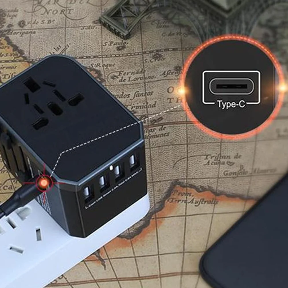 Międzynarodowy konwerter wtyczki, wielofunkcyjny konwerter adaptera na całym świecie, międzynarodowa zasilacz z 4 Usb. (Color : A)