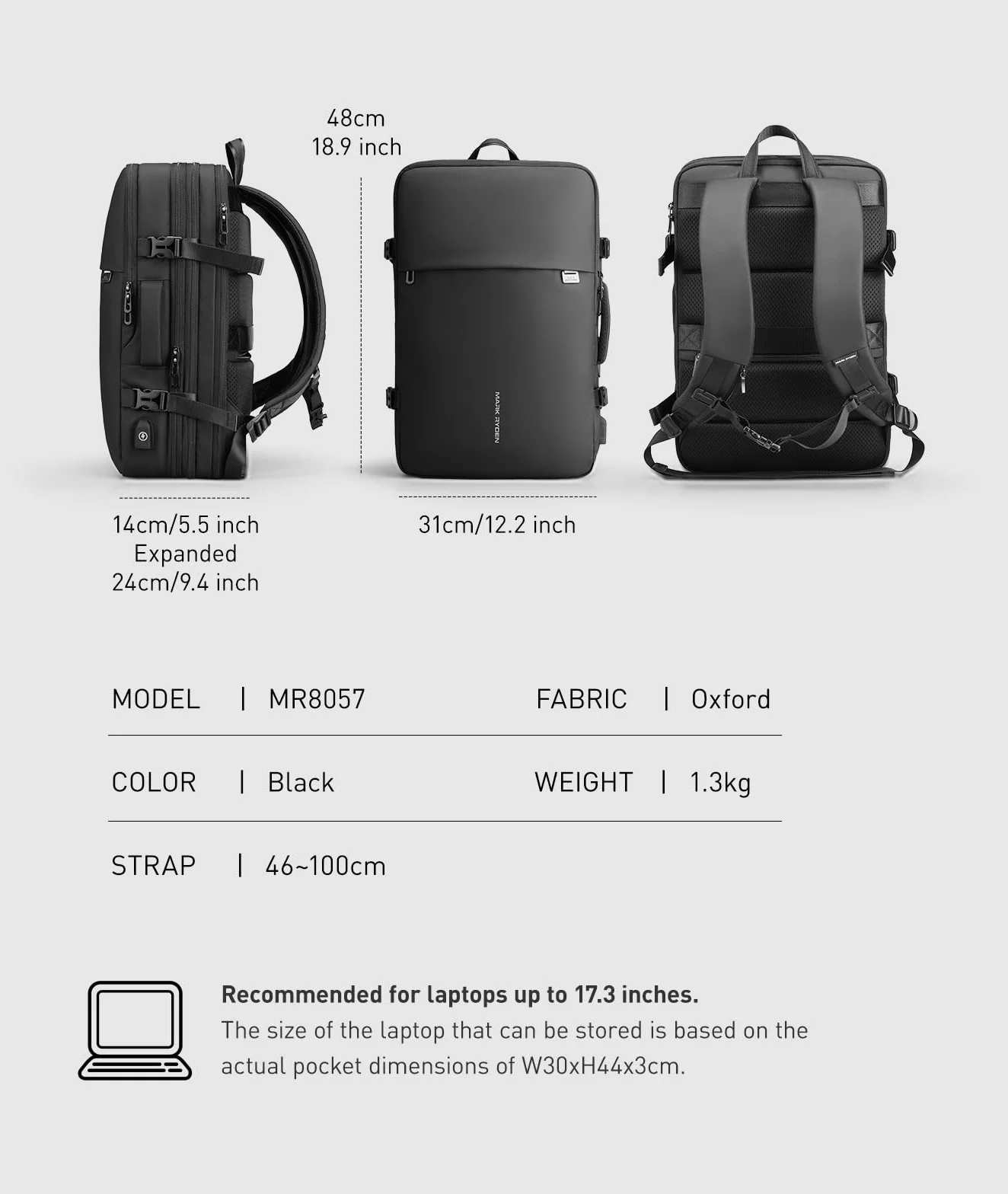 Mark Ryden Plecak podróżny 23 l/40 l, lekka torba weekendowa jako bagaż podręczny, z portem ładowania USB, pasuje do laptopa 17,3