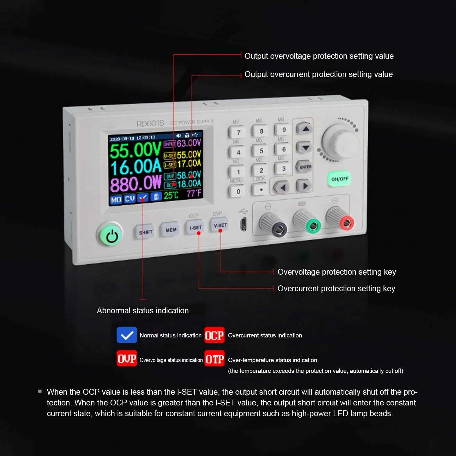 Zunate Regulowana Przetwornica Boost 1080 W DC-DC |Regulator Obniżający Napięcie 6–70 V do 0–60 V z Wi-Fi, Wyświetlacz LCD RD6018W (RD6018-W)