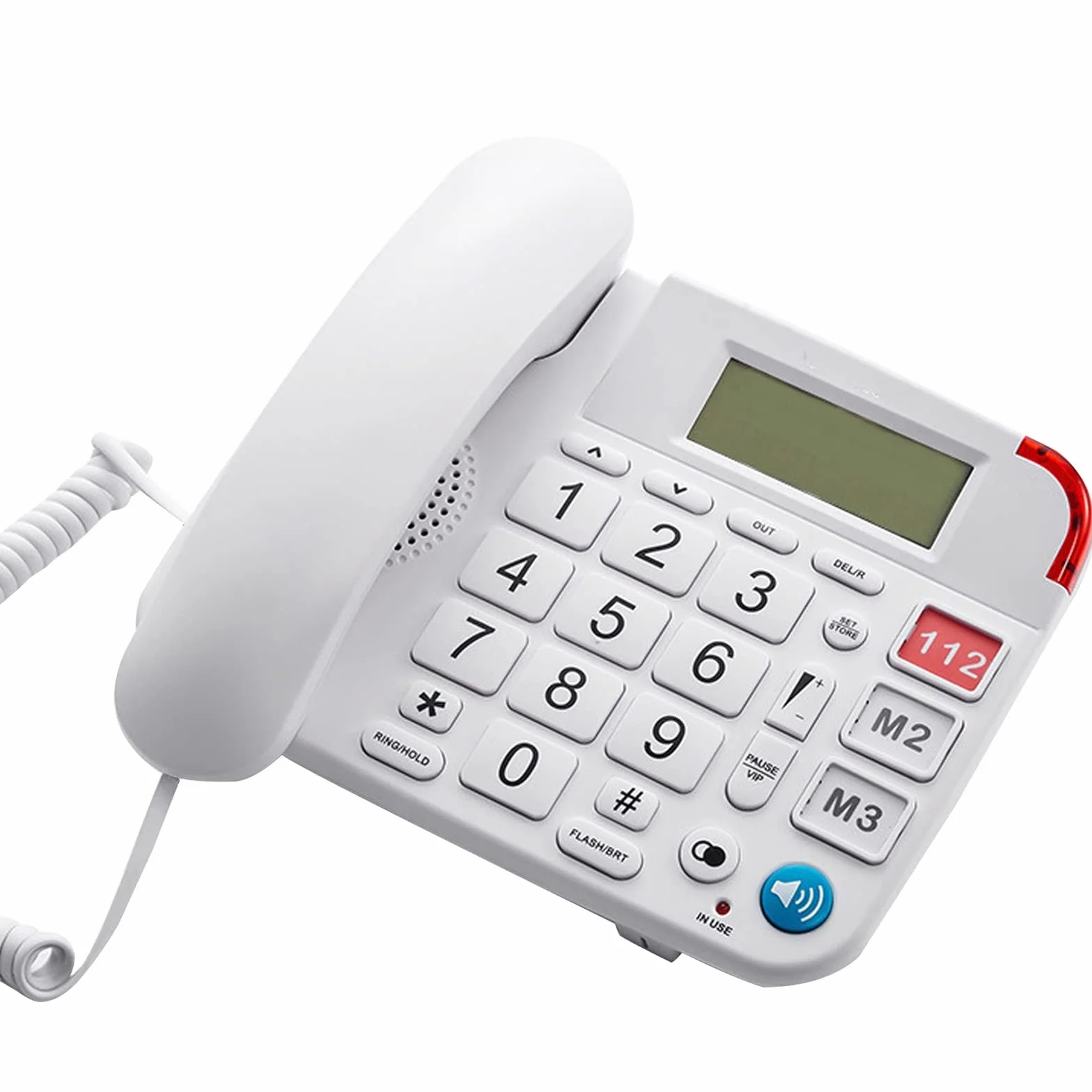 Telefon stacjonarny, czteropasmowy telefon stacjon Telefon z dużymi przyciskami dla seniorów, funkcja budzika, funkcja głośnomówiąca, czysty dźwięk, idealny dla seniorów, z wyświetlaczem identyfikator