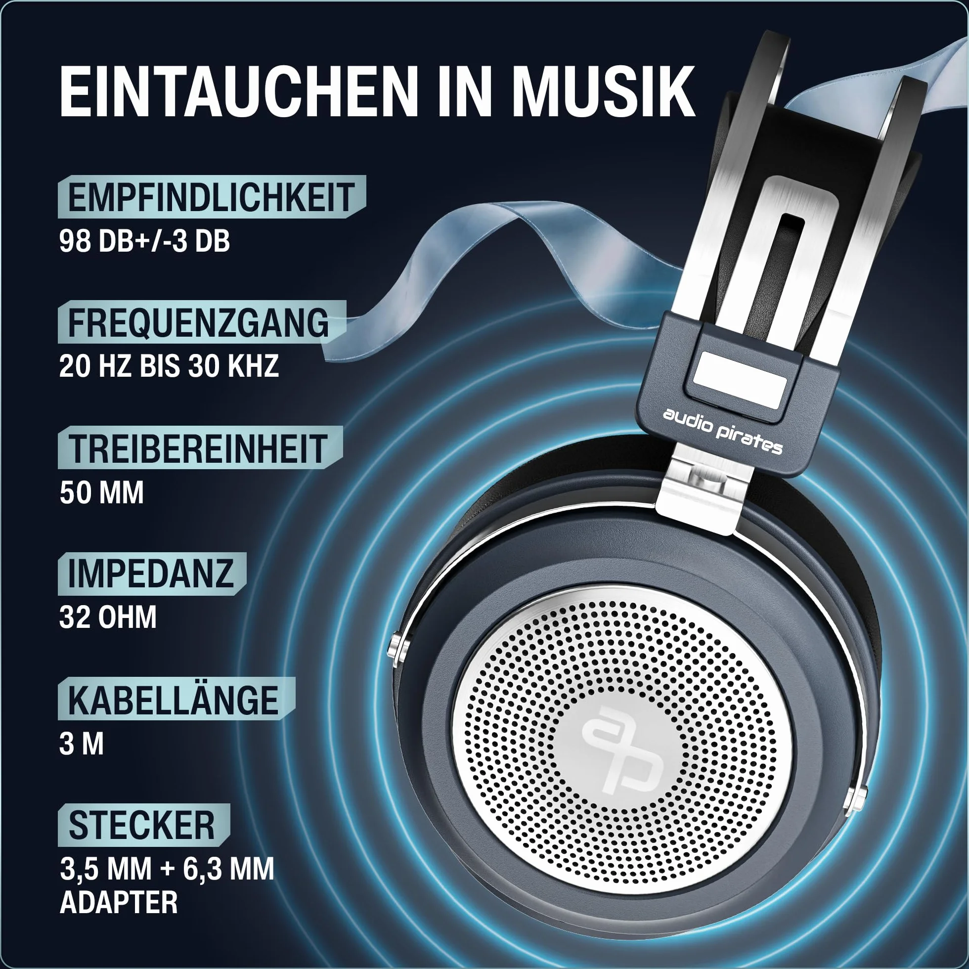 audio pirates ERIC zestaw 2 słuchawek studyjnych HiFi – słuchawki studyjne z etui Transprt, kabel 3 m, adapter jack 6,3 mm | Premium Collection