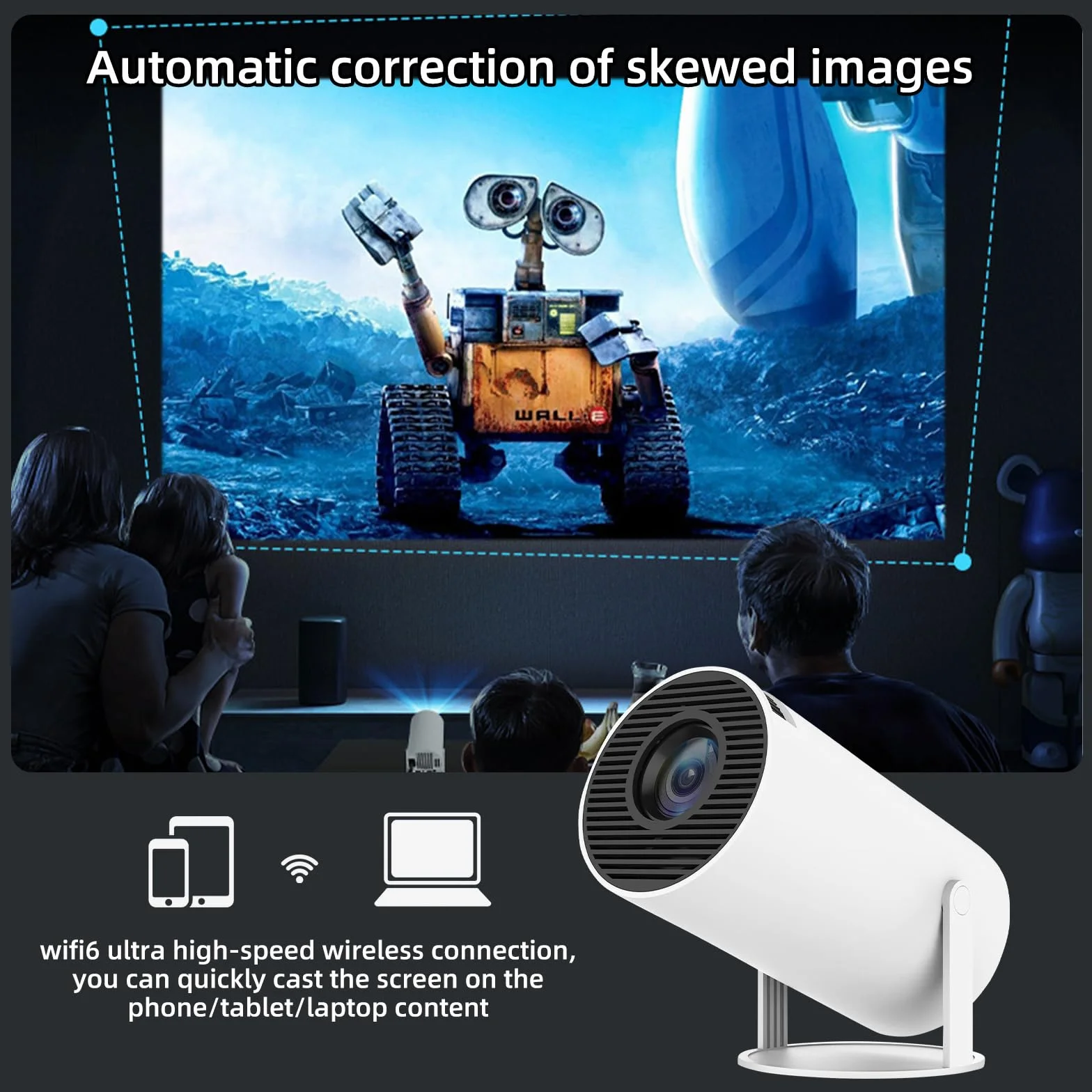 Mini rzutnik, Native 1080p z obsługą 4K, projektor z WiFi 6, BT5.0 Android 11.0 OS, obrót o 180 stopni, inteligentny projektor Full HD, mały przenośny projektor wideo LED, Bluetooth (biały 160ANSI)
