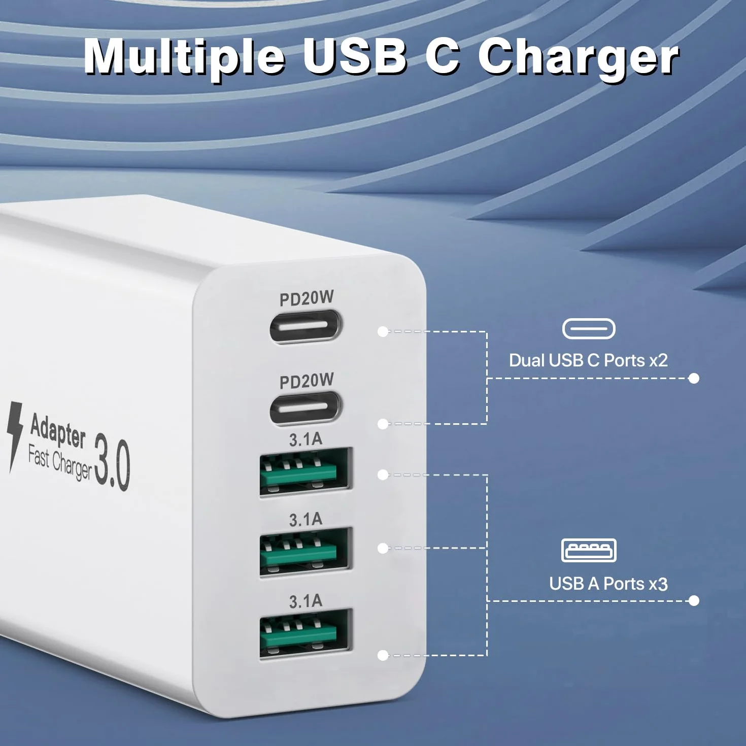 Ładowarka USB C o mocy 50 W, ładowarka z【2 portami USBC i 3 portami USBA】, charger ścienna zasilacza USB o mocy, zasilacz Fast Charge PD 3.0 kompatybilny z iPhone 12/13/14/15/Samsung/tabletami