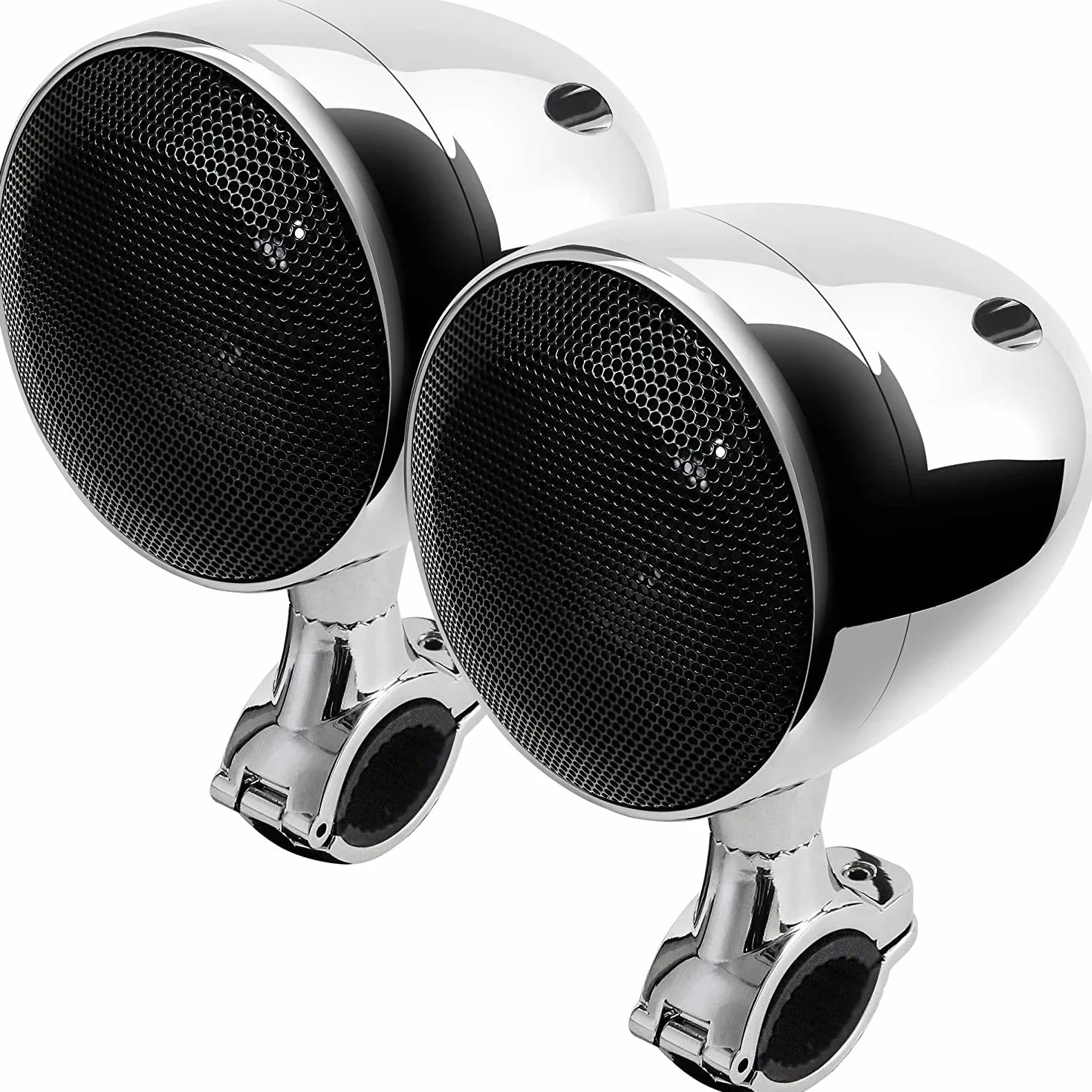 SPK350X 4” Full Range Wodoszczelny motocyklowy głośnik stereo z Bluetooth, z wzmacniaczem i systemem radiowym, do pojazdu typu ATV, RZR, UTV, quada, 4-kołowca (chromowany, kratka)