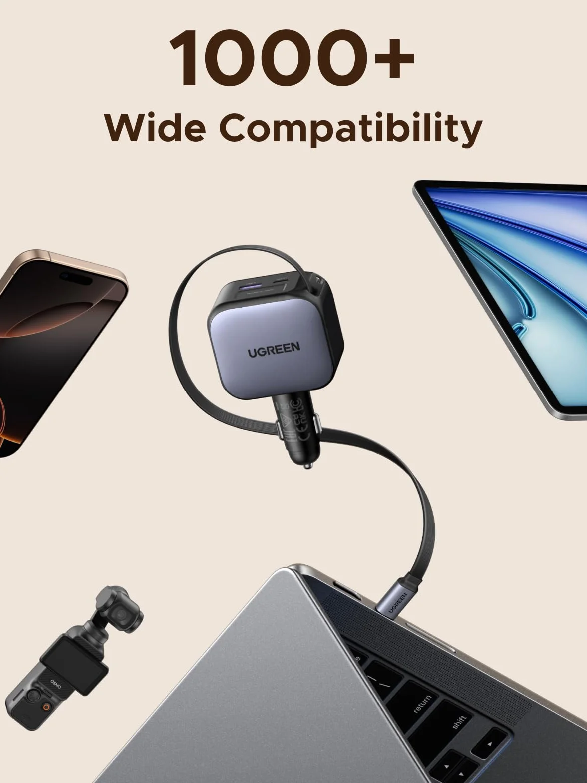 UGREEN 3 w 1 zapalniczka samochodowa 90W chowana ładowarka samochodowa 60W wbudowany kabel USB-C akcesoria samochodowe 12 V zasilacz samochodowy do iPhone 17/16/15, Macbook, Galaxy S25/24, GPS itp