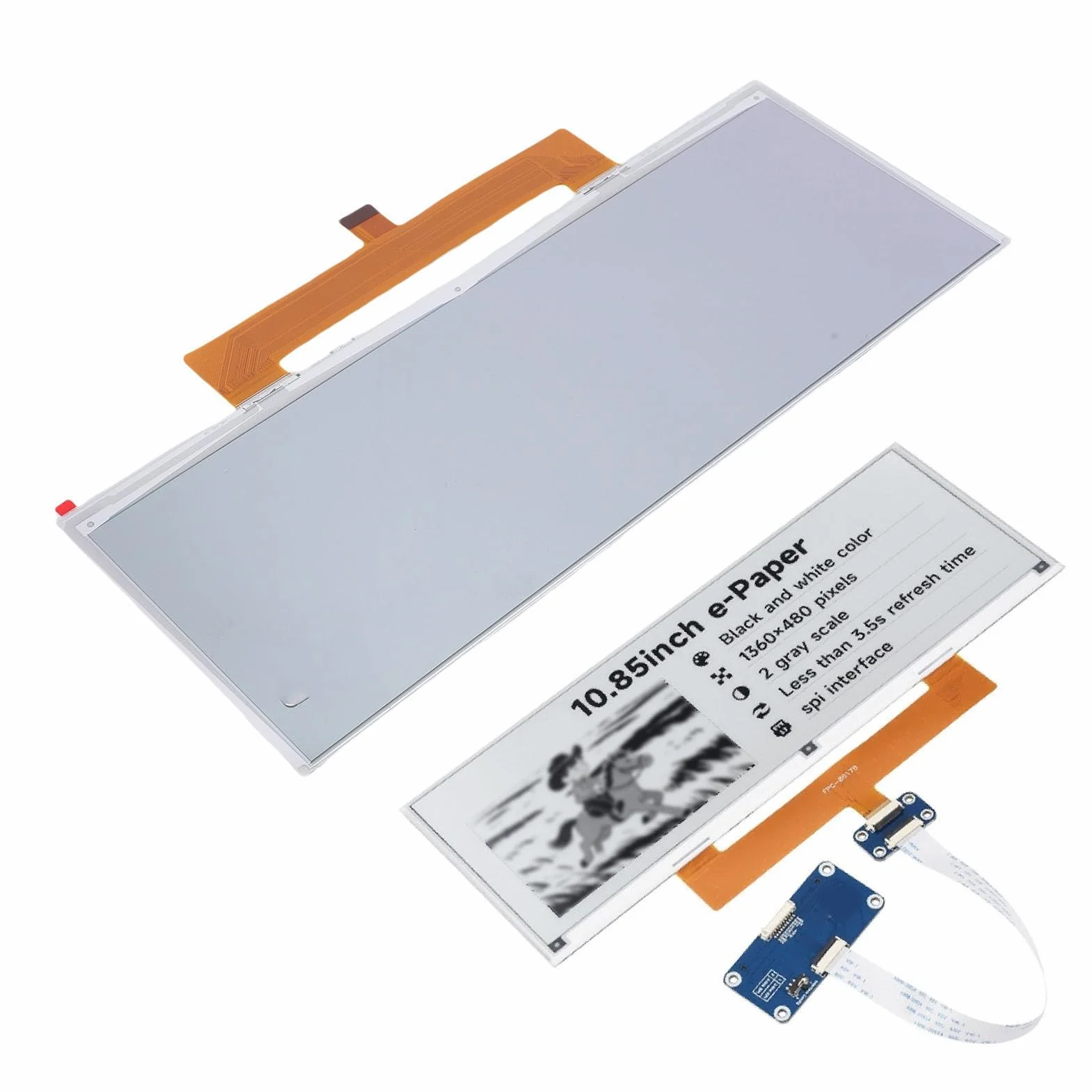 Vikye 10,85-calowy moduł Wyświetlacza E - Ink, Czarno-biały, Dwukolorowy 1360 X 480 Pikseli E - moduł Papierowy z Interfejsem SPI Kompatybilny z RPi 5 / 4B / 3B Zero Pico